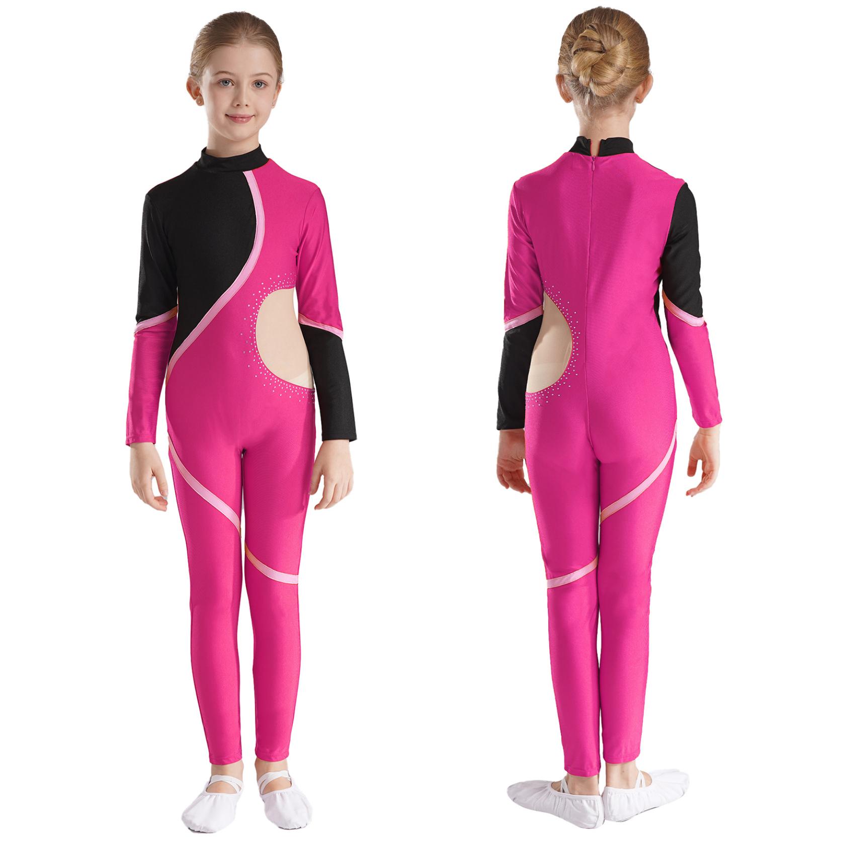 Yunduantong-home Meisjes Ballet Dans Gymnastiek Acrobatiek Turnpakje Glanzende Steentjes Jumpsuit Kinderen Stage Performance Danskleding Badmode Sportkleding 11-12 Years warm roze kleur