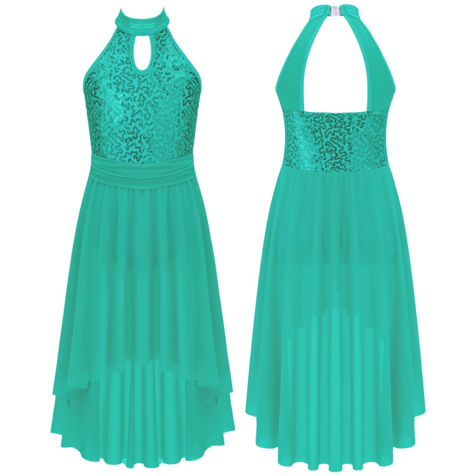 HULIJA Kinderen Meisjes Halter Hals Glanzende Pailletten Ballet Tutu Jurk Lyrische Moderne Hedendaagse Danskostuums 9-10 Years blauw/groen
