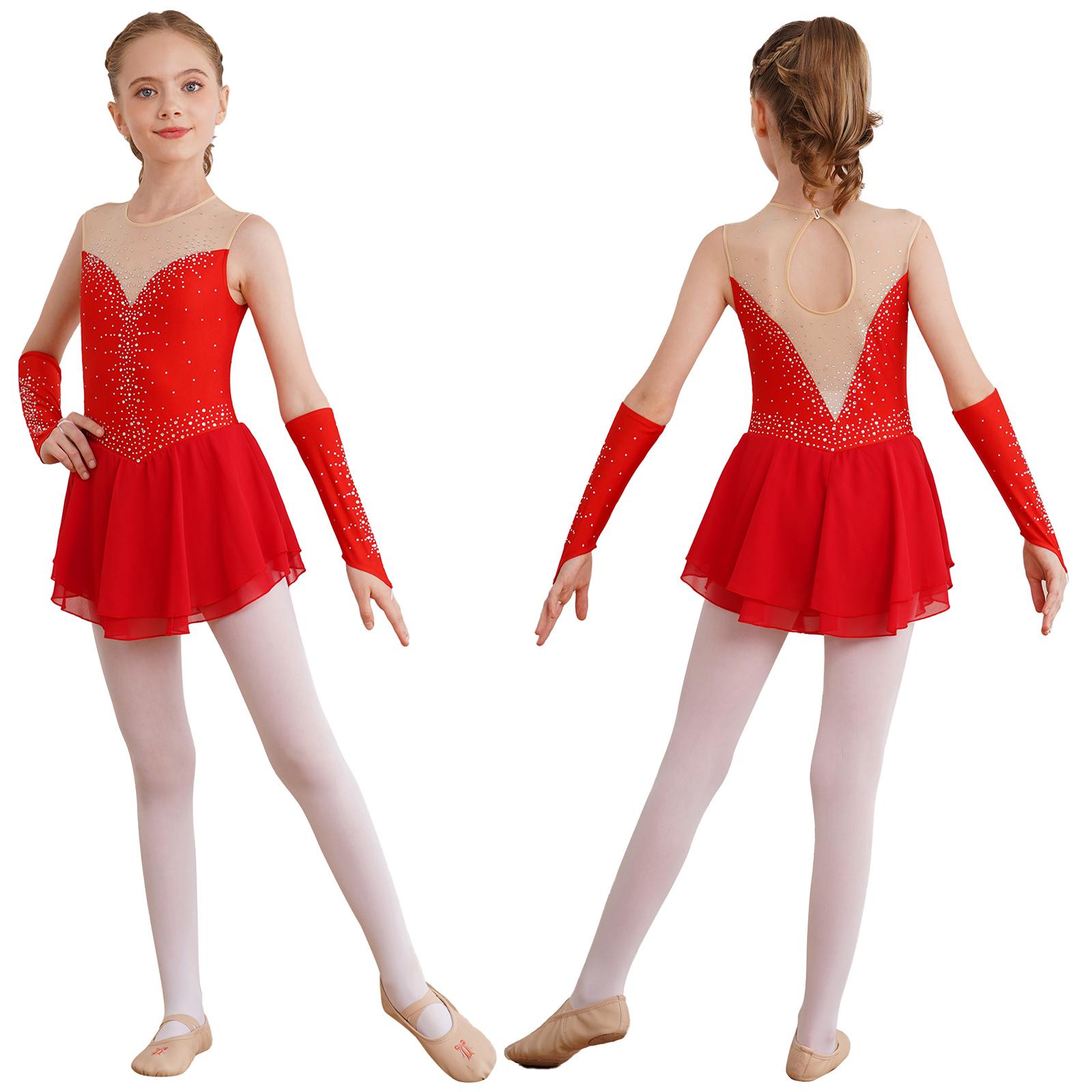 Linjinx Meisjes IJs Kunstschaatsen Jurk Ballet Dans Competitie Gymnastiek Strass Leotard Jurken met Handschoenen 7-8 Years