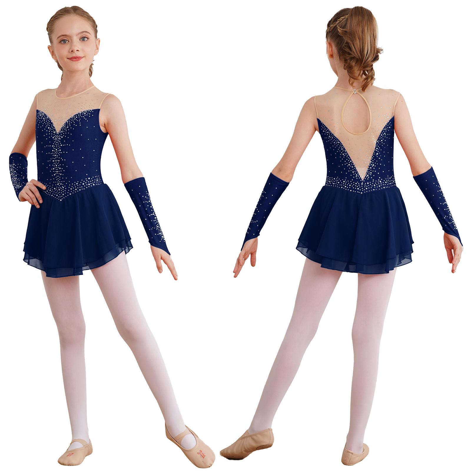 Linjinx Meisjes IJs Kunstschaatsen Jurk Ballet Dans Competitie Gymnastiek Strass Leotard Jurken met Handschoenen 11-12 Years marineblauwe kleur