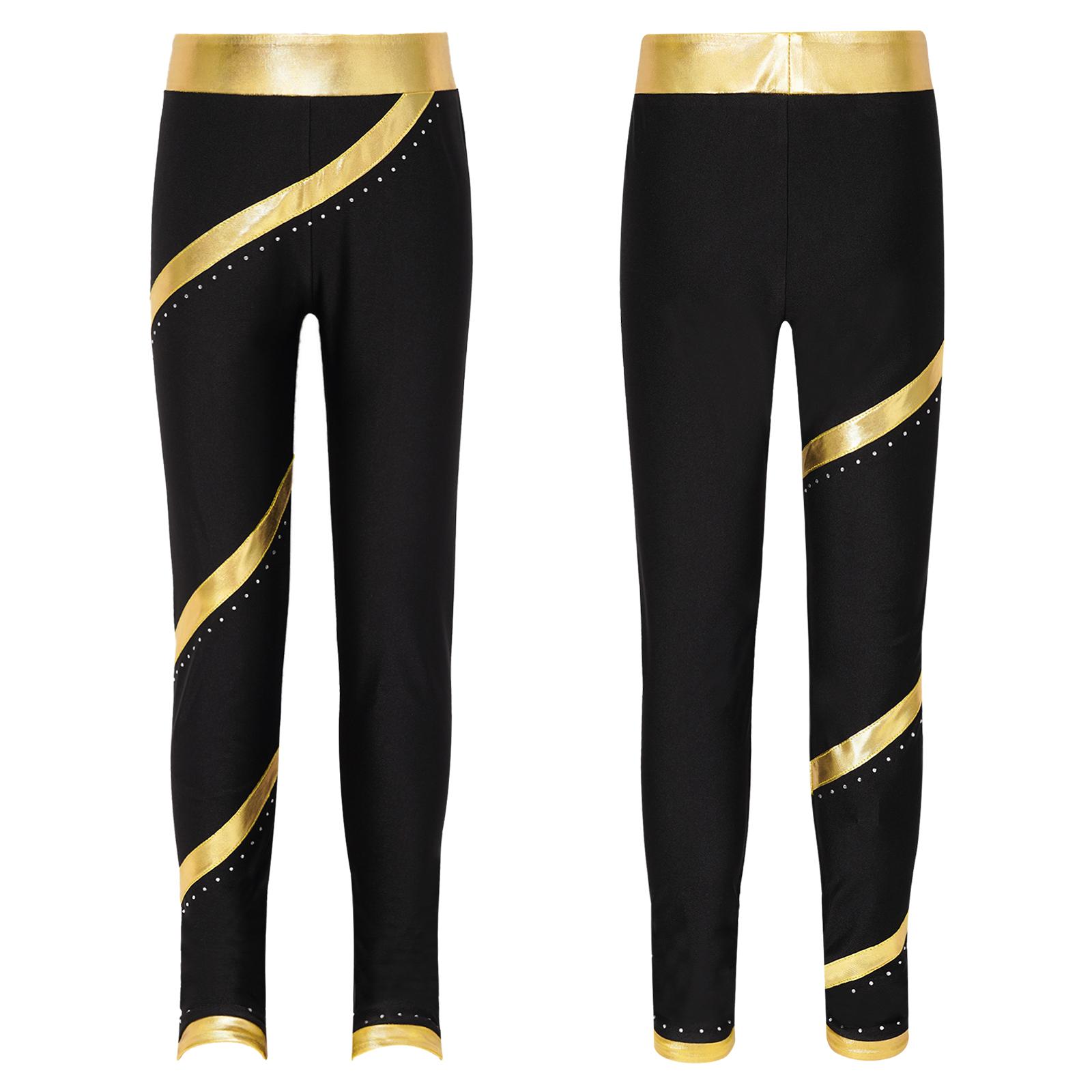 Yunduantong-electronic Kinderen Meisjes Jazz Dans Kunstrijden Prestatie Kostuum Glanzende Strass Gestreepte Broek Ballet Gymnastiek Atletische Leggings 5-6 Years goud