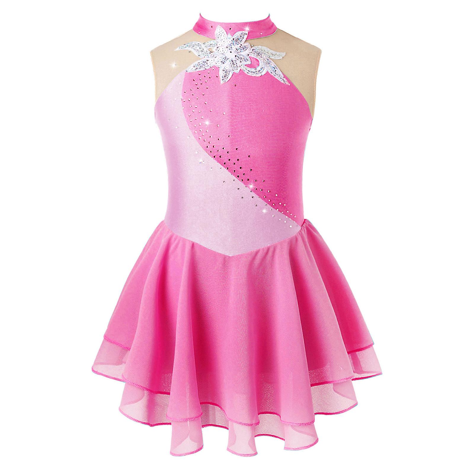 Sywiyi Kinderen Meisjes Kunstschaatsen Jurk Strass Mesh Splice Mouwloos Ballet Dans Jurk Gymnastiek Turnpakje Prestaties Kostuums 5-6 Years