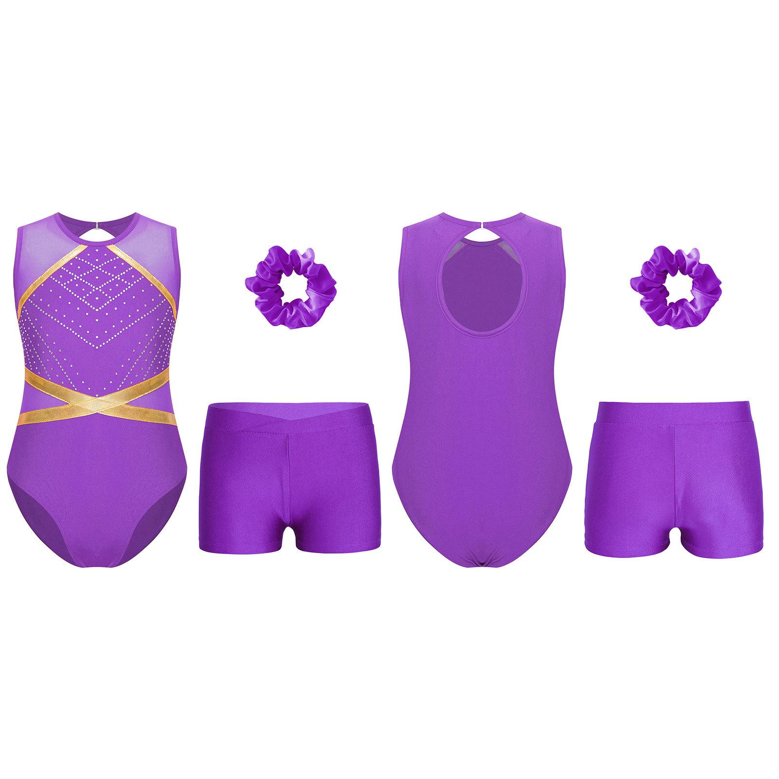 YOOJIA Kinderen Meisjes Gymnastiek Outfit Sleutelgat Rug Patchwork Mouwloos Glinsterende Strass Leotard met V-voorkant Tailleband Shorts Haarelastiek Hoofddeksel 7-8 Years
