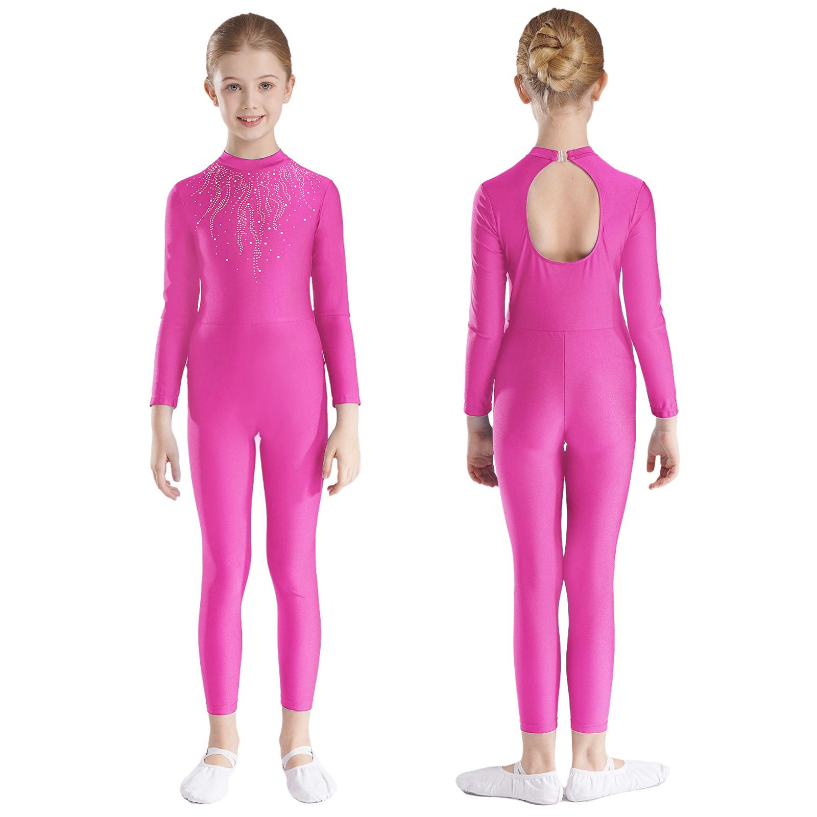 Yunduantong-electronic Girls Rhinestones Decor Long Sleeve Jumpsuit for Ballet Gymnastics Acrobatics Yoga Workout Full Body Stretch Figure Skating Unitard 5-6 Years