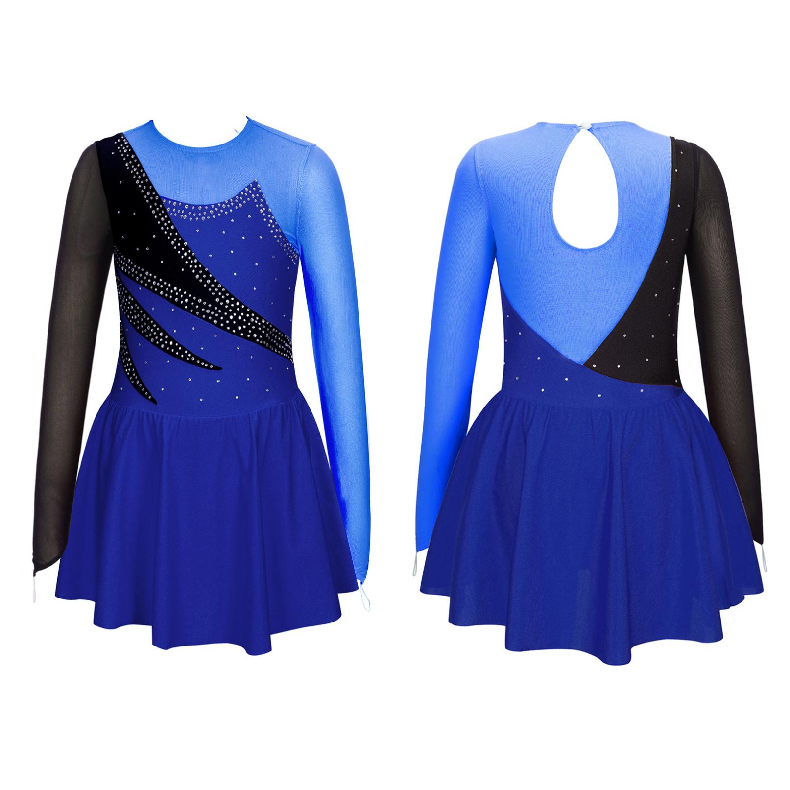 Yeahdor Kinderen Meisjes Ballet Figuur Schaatsen Dans Jurk Ritmische Gymnastiek Turnpakje Tutu Lange Mouw Glanzende Strass Sheer Mesh Dancewear 7-8 Years