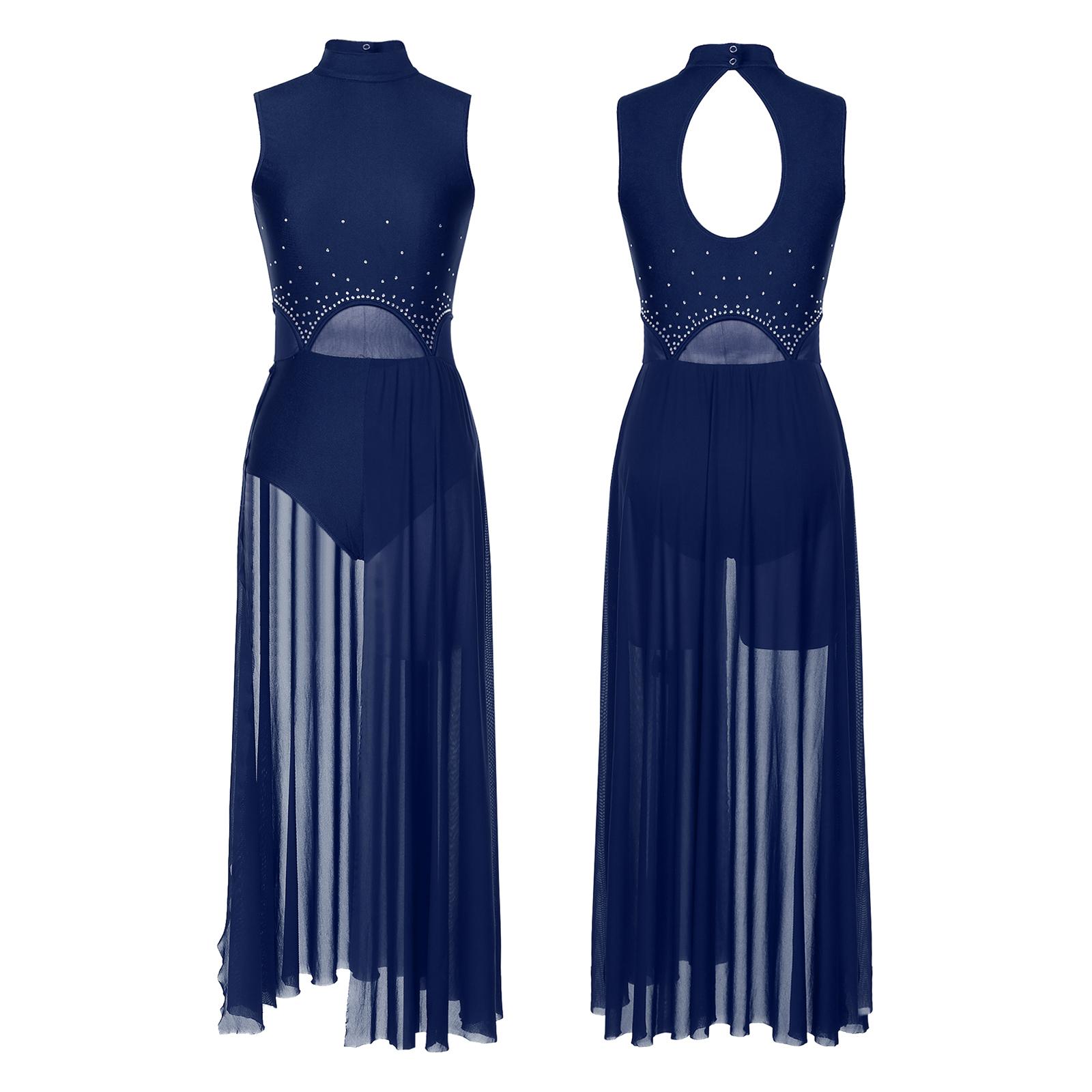 RUNQHUI Vrouwen lyrische danskostuum moderne hedendaagse balletdanskleding strass decor turnpakje jurk M