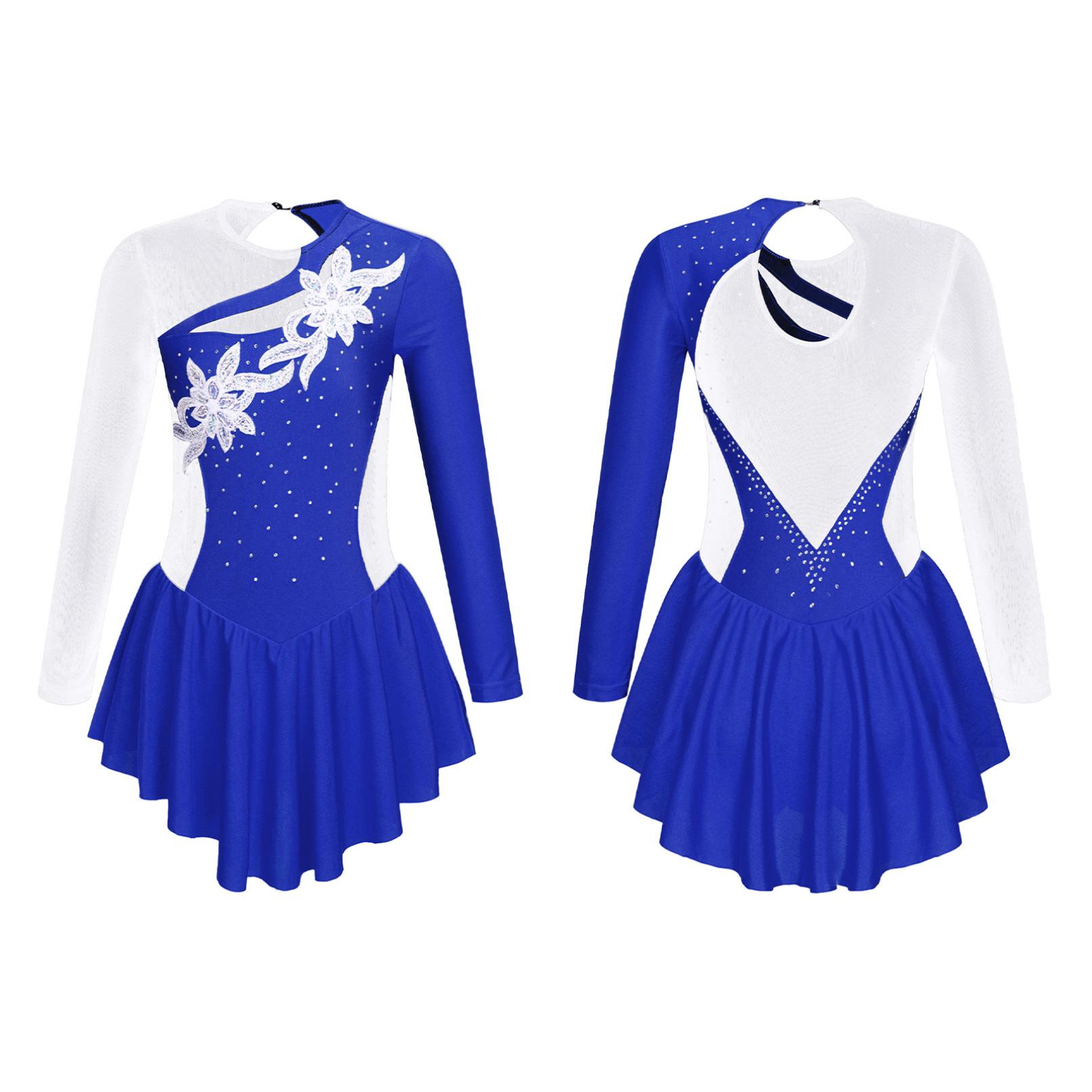 HULIJA Meisjes kunstschaatsjurk pailletten mesh lange mouw turnpakje gymnastiekpak balletkleding danskostuum 5-6 Years koningsblauwe kleur