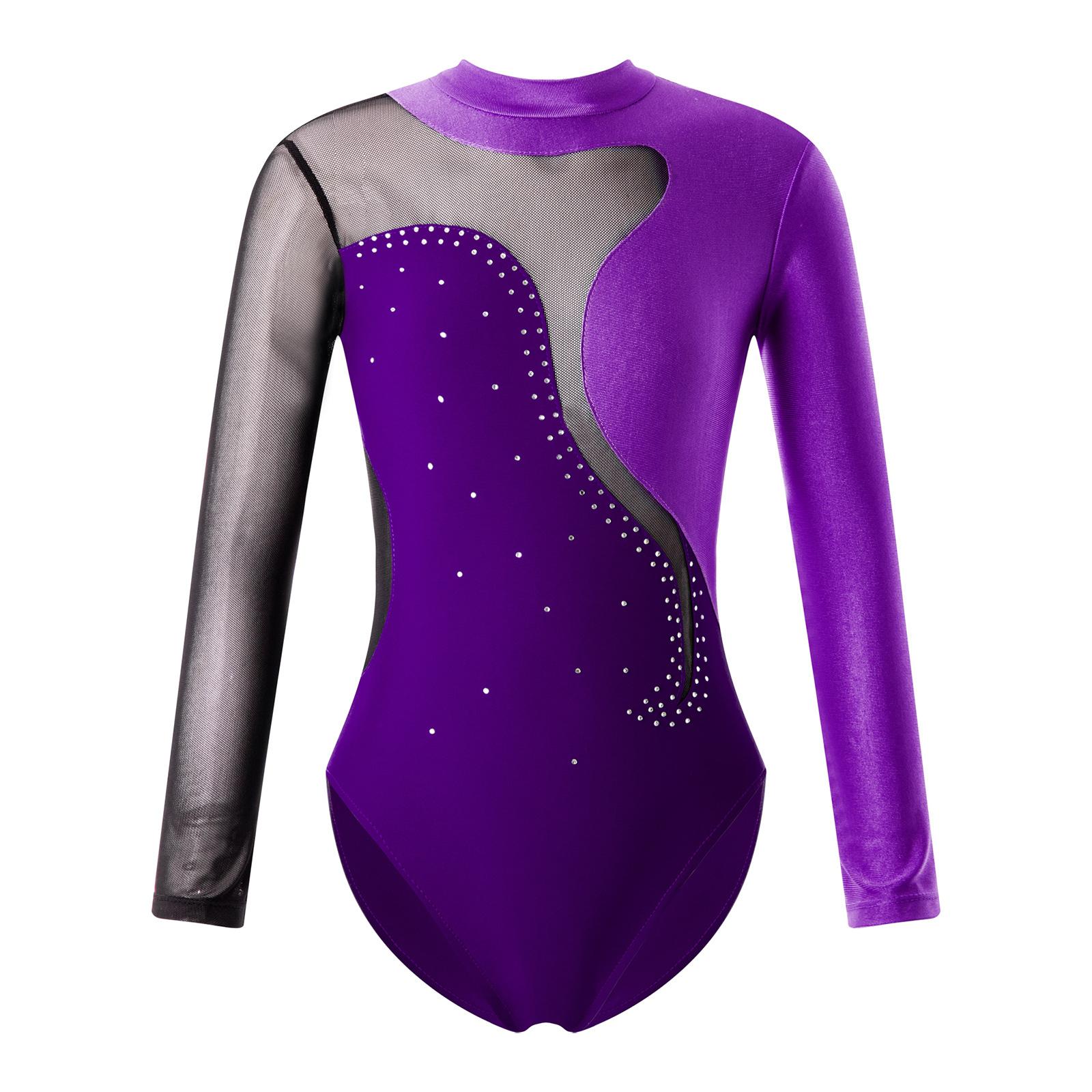 Fldy Kinderen meisjes danstraining kostuum lange mouw turnpakje jumpsuit voor gymnastiek fancy skaten 15-16 Years paars