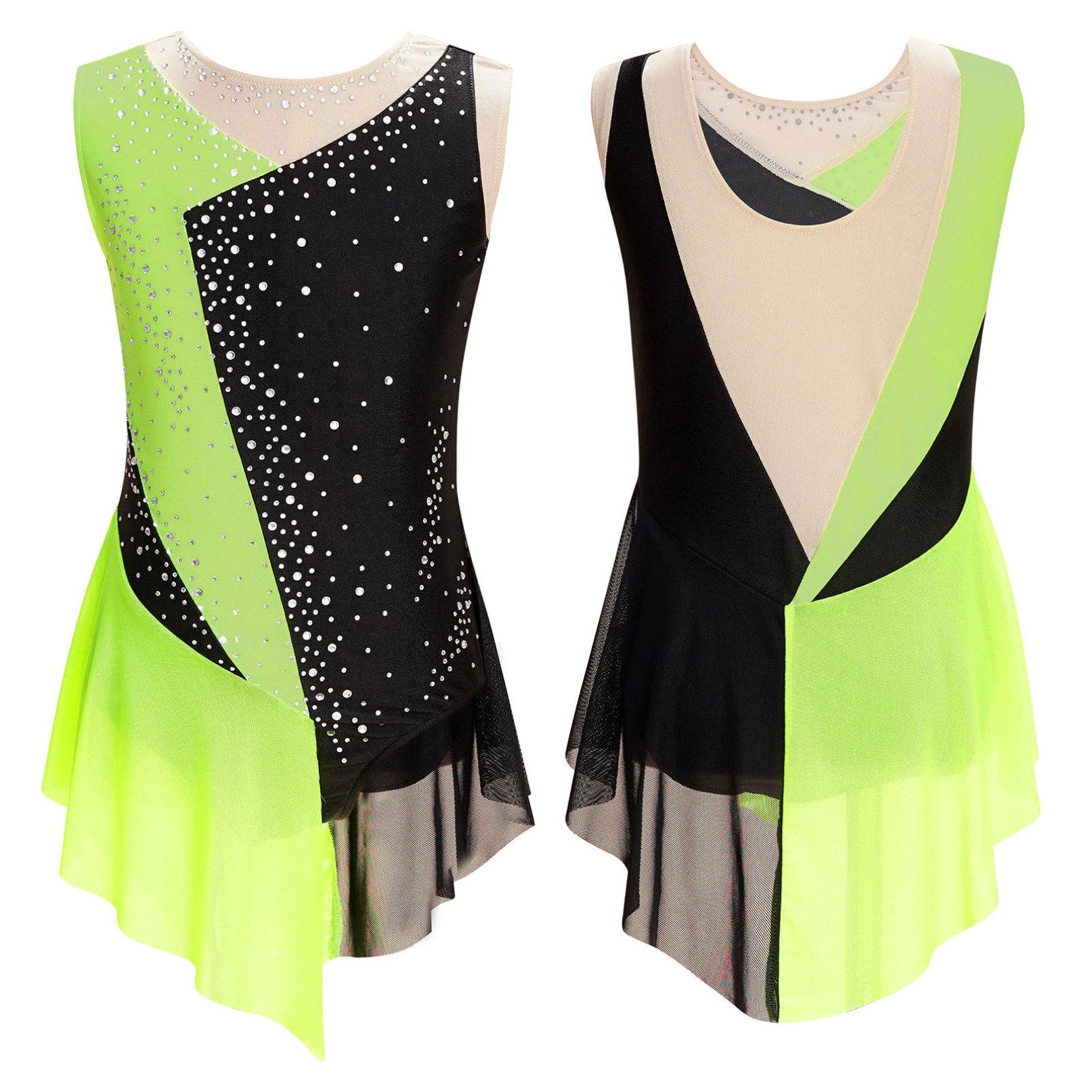 HULIJA Kinderen meisjes sprankelend strass turnpakje pure mesh patchwork mouwloze dansgymnastiek kunstschaatsjurk 11-12 Years fluorescerende groene kleur