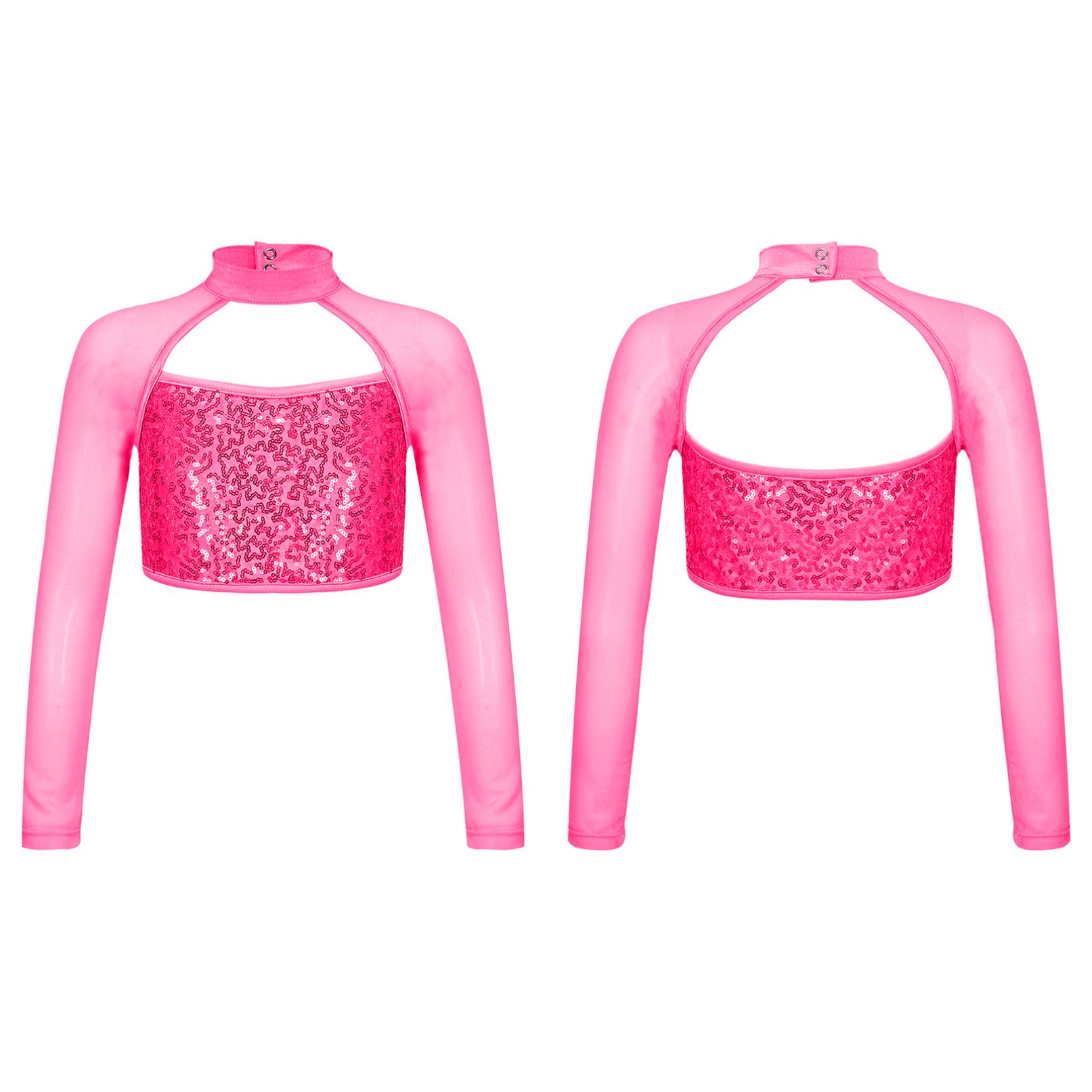 YOOJIA Kinderen Meisjes Glanzende Pailletten Crop Tops Mesh Gesplitste Lange Mouw T-shirt Ballet Jazz Dans Kostuum 7-8 Years