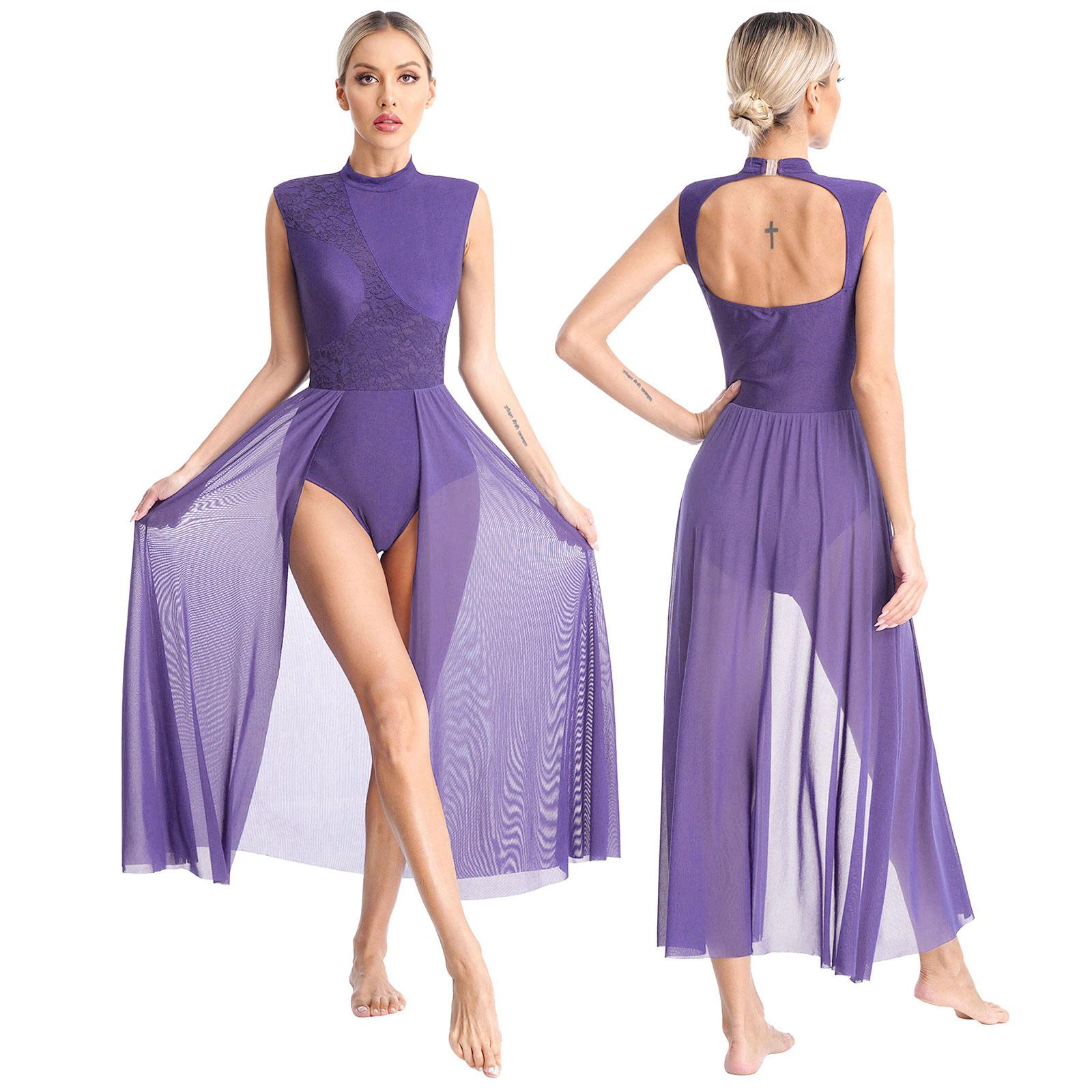 Yeahdor Womens hedendaagse lyrische dansjurk ballet gymnastiek turnpakje mouwloos chiffon flowy jurk podiumprestaties danskleding S