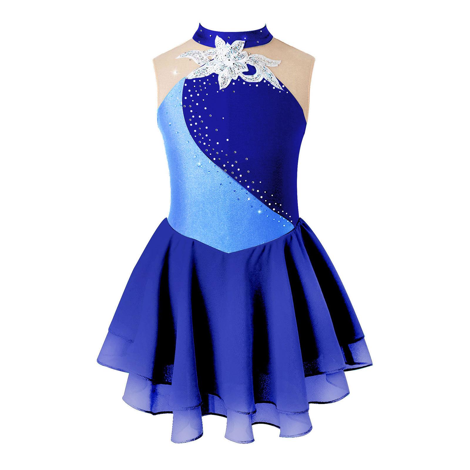 Sywiyi Kinderen Meisjes Kunstschaatsen Jurk Strass Mesh Splice Mouwloos Ballet Dans Jurk Gymnastiek Turnpakje Prestaties Kostuums 13-14 Years