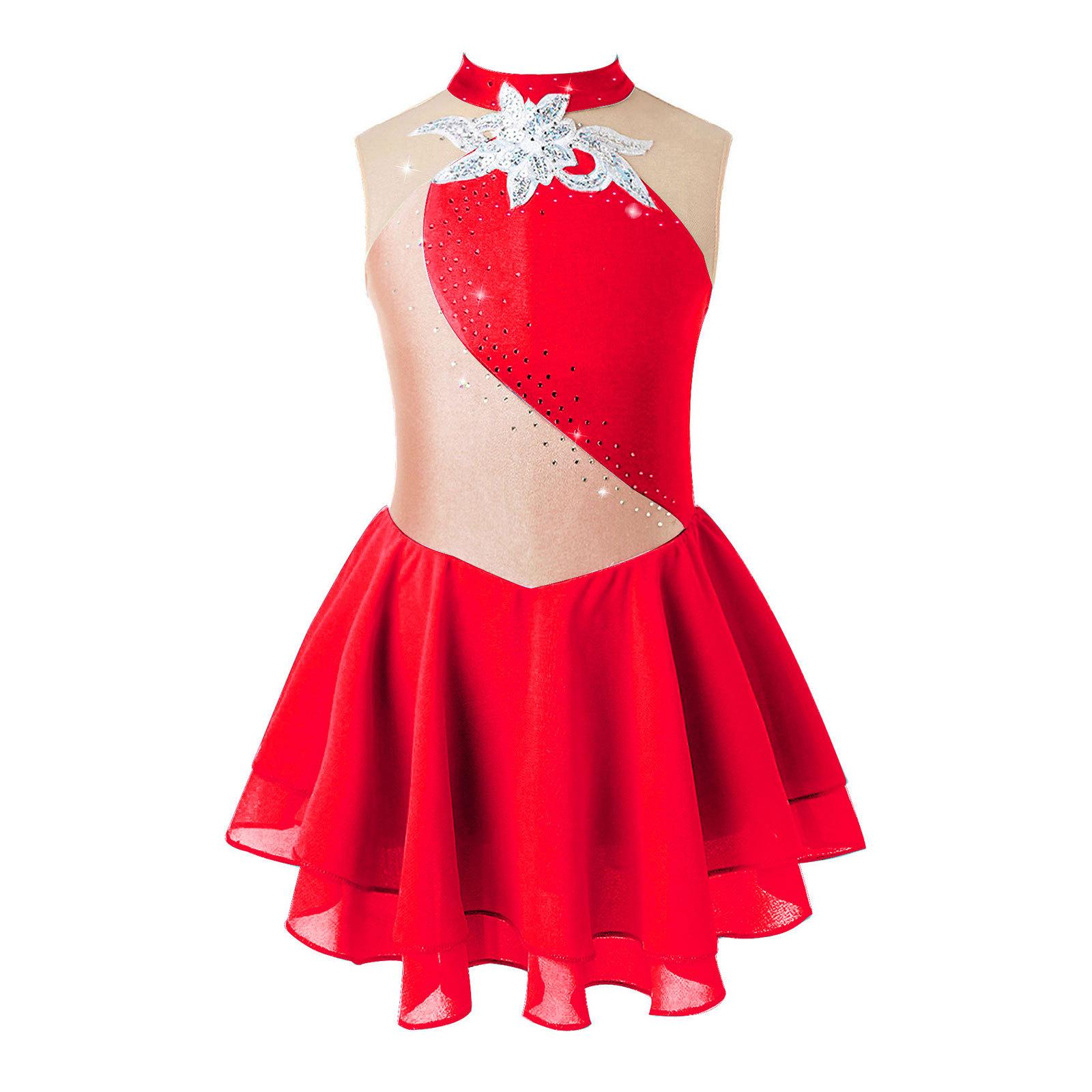 Sywiyi Kinderen Meisjes Kunstschaatsen Jurk Strass Mesh Splice Mouwloos Ballet Dans Jurk Gymnastiek Turnpakje Prestaties Kostuums 11-12 Years