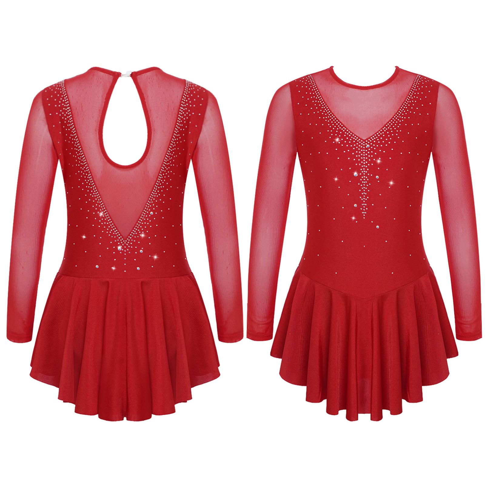 Tiaobug Stijlvolle jurk voor kinderen, meisjes, lange mouwen, sprankelende strass, patchwork-stijl, gymnastiek turnpakje, danskleding 5-6 Years bordeaux