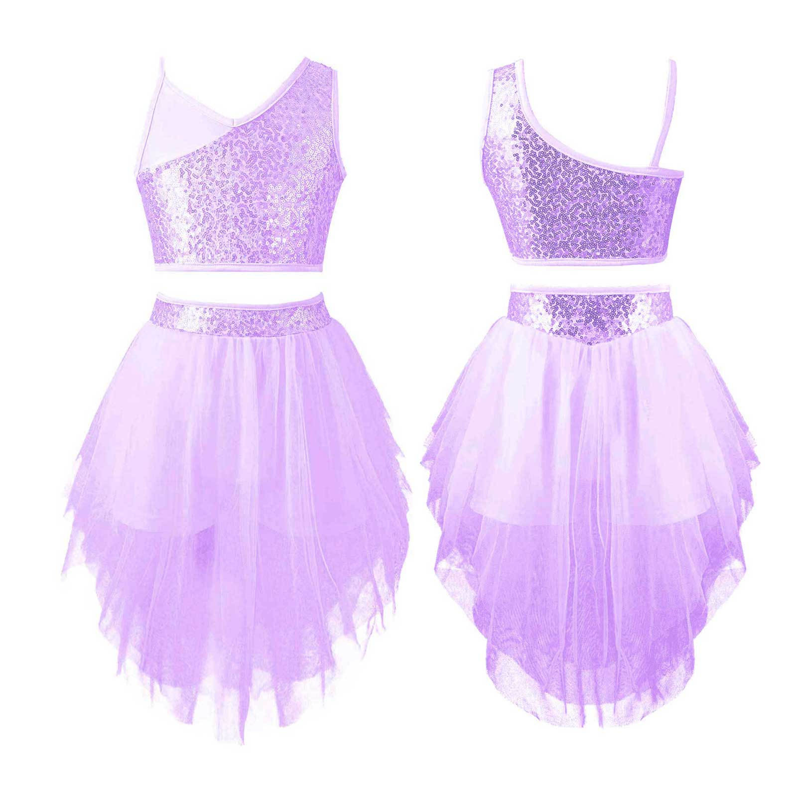 RUNQHUI Meisjes 2 stuks dansoutfits mouwloze spaghettibandjes pailletten crop top met tutu rok ballet danskleding 11-12 Years