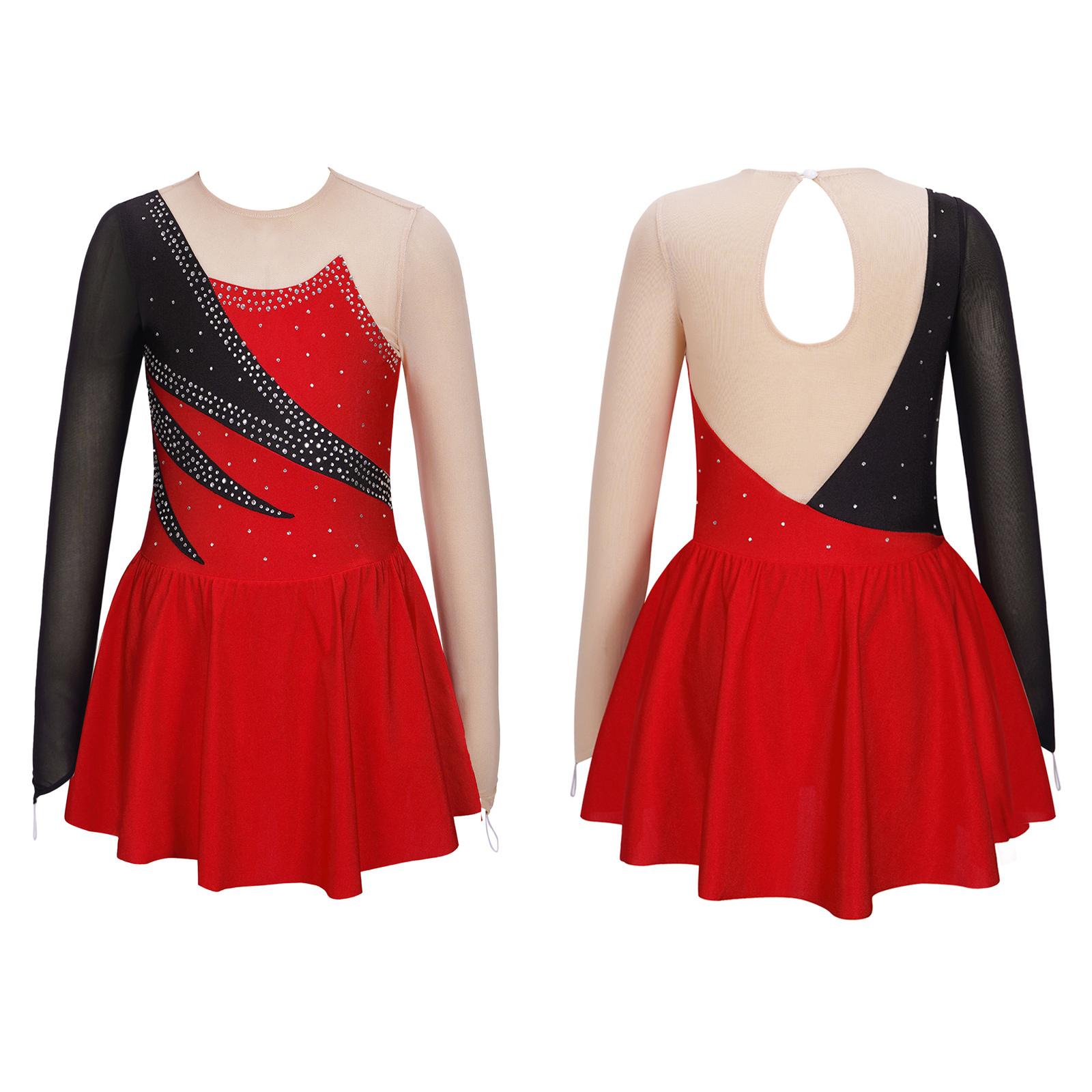 Sxiwei Kinderen Meisjes Lange Mouw Sprankelende Strass Decor Hollow Back Gymnastiek Dans Schaatsen Jurken 11-12 Years rood