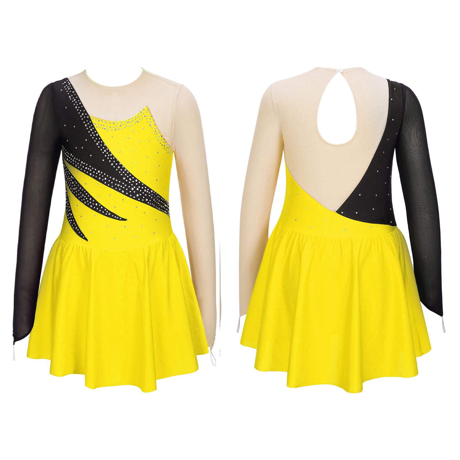 Sxiwei Kinderen Meisjes Lange Mouw Sprankelende Strass Decor Hollow Back Gymnastiek Dans Schaatsen Jurken 7-8 Years