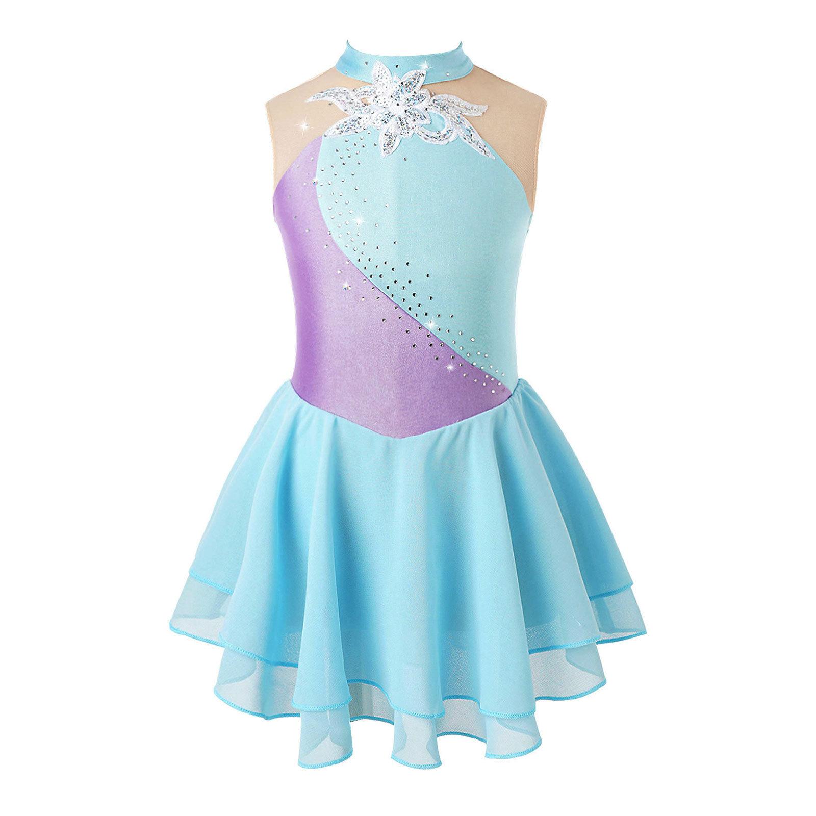 ZDHoor Kunstschaatsjurken voor meisjes Glimmende strass-gymnastiekpakjes Meisjes balletdans 11-12 Years lichtblauwe kleur