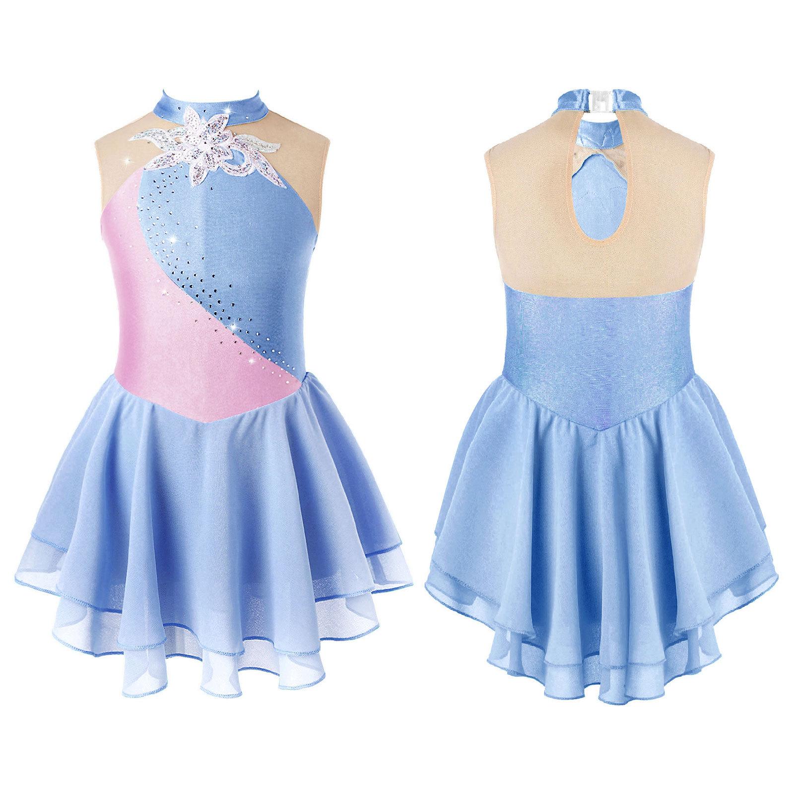 ZDHoor Kunstschaatsjurken voor meisjes Glimmende strass-gymnastiekpakjes Meisjes balletdans 7-8 Years blauw