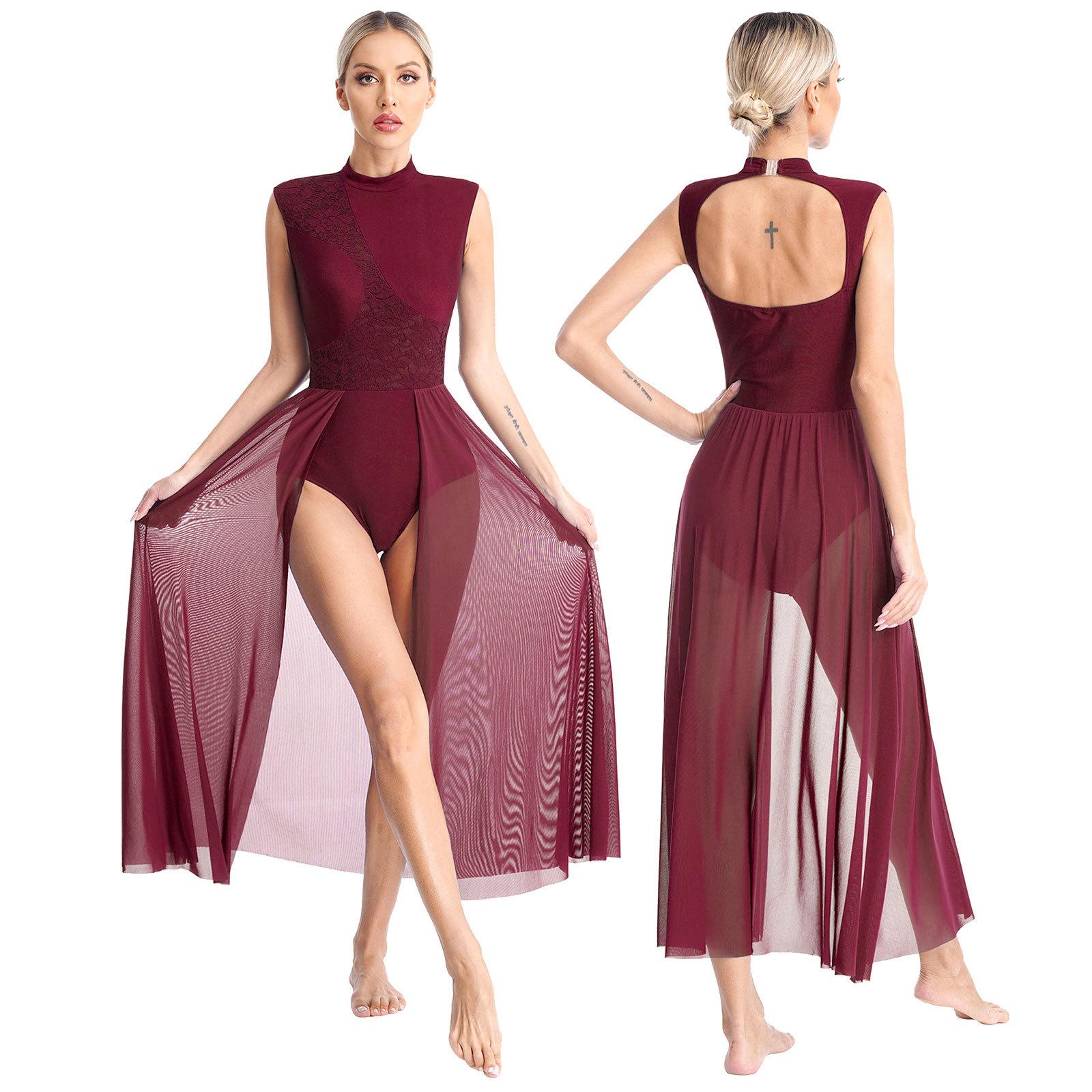 Yeahdor Womens hedendaagse lyrische dansjurk ballet gymnastiek turnpakje mouwloos chiffon flowy jurk podiumprestaties danskleding S