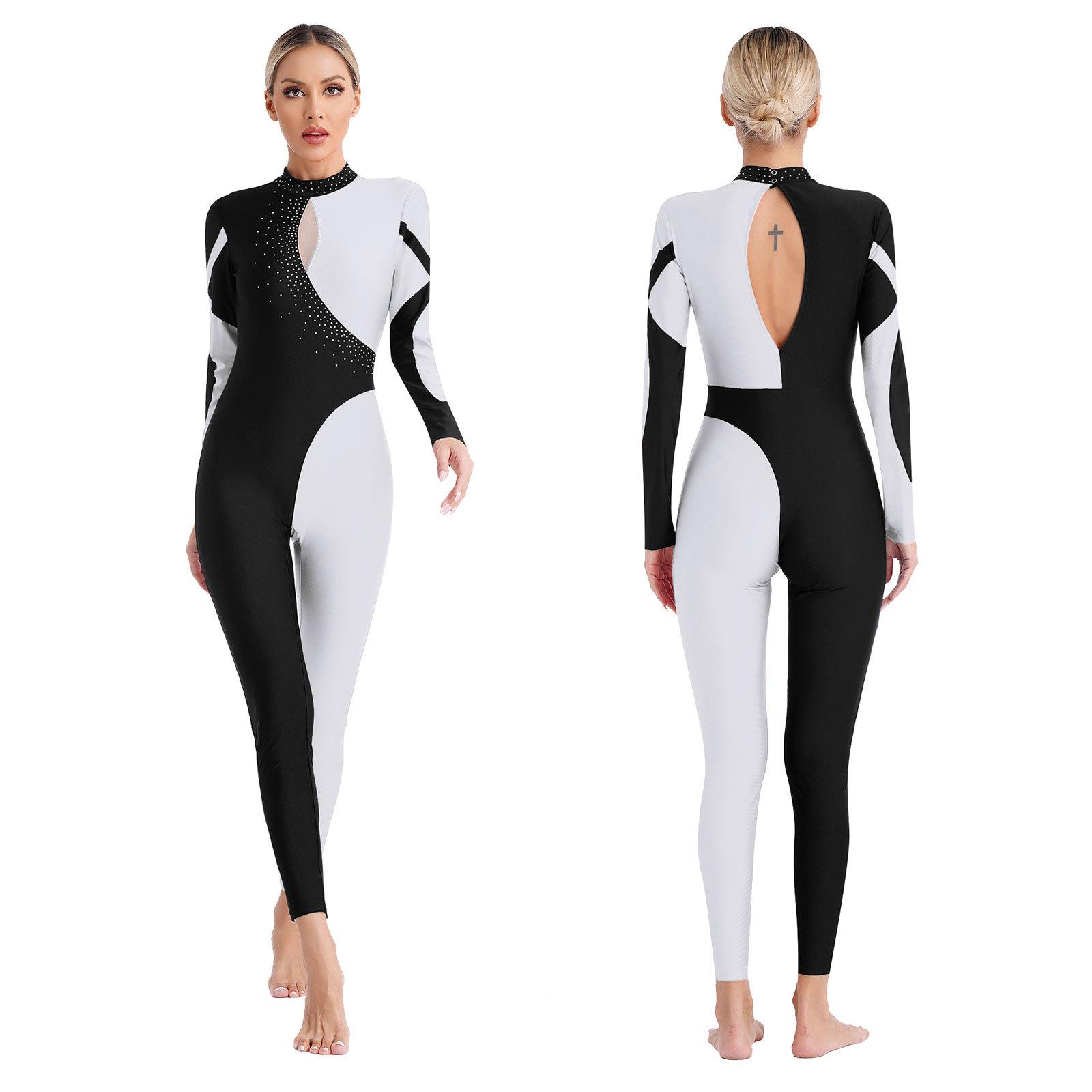 Yunduantong-electronic Vrouwen Full Body Gymnastiek Leotard Jumpsuit Lange Mouw Contrasterende Kleur Strass Ballet Schaatsen Romper Prestatie Danskleding S