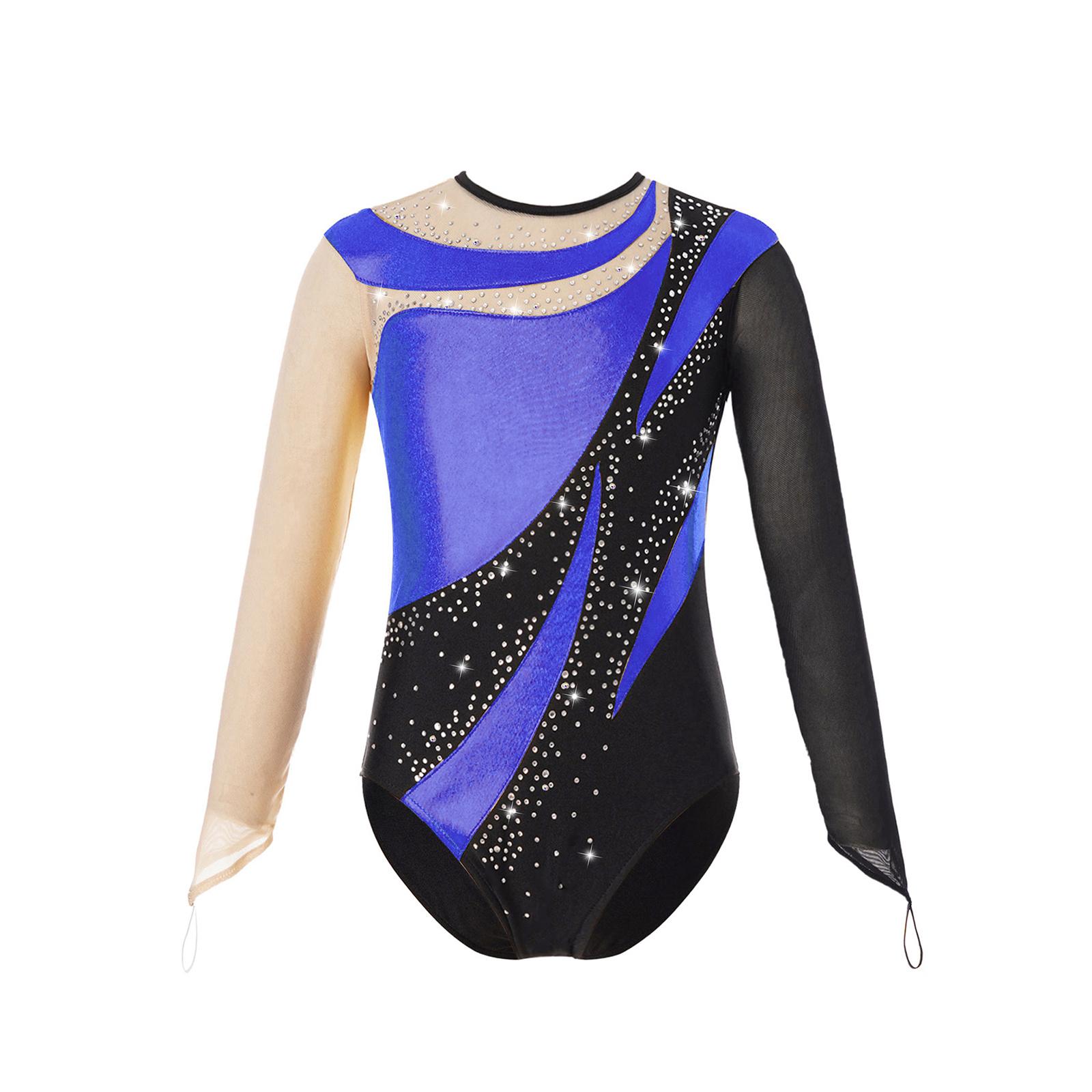 Yeahdor Kinderen meisjes glanzende gymnastiek turnpakje bodysuit mesh lange mouw sleutelgat terug metallic contrast schaatsen jumpsuit 13-14 Years koningsblauwe kleur