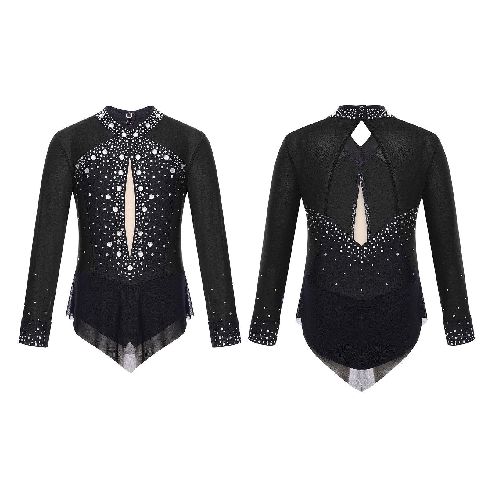 Sywiyi Kinderen meisjes ballet dans turnpakje jurk kunstschaatsen ritmische gymnastiek bodysuit glanzende strass mesh rok jumpsuit 9-10 Years zwart