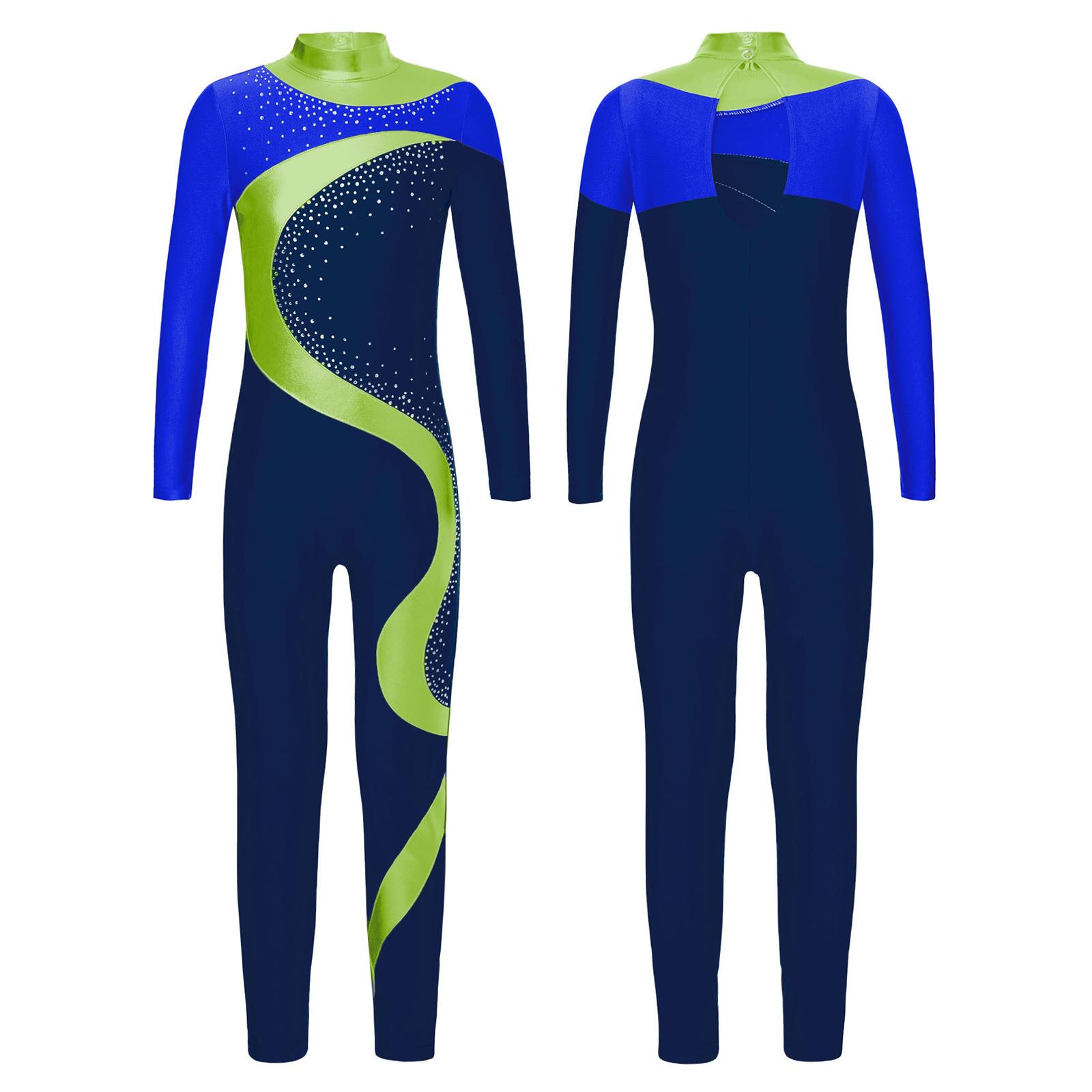 Yunduantong-electronic Kinderen Full Body Unitard Ballet Bodysuit Jumpsuits Strass Danskleding Meisjes Kunstschaatsen Dans Artistieke Gymnastiek Actieve kleding 9-10 Years marineblauwe kleur/blauw