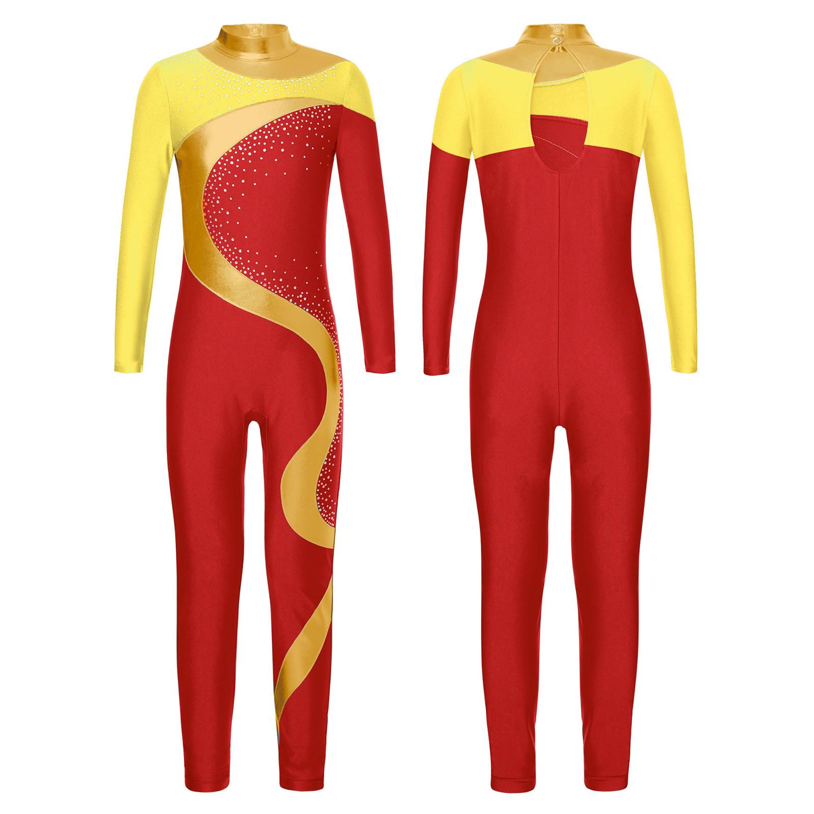Yunduantong-electronic Kinderen Full Body Unitard Ballet Bodysuit Jumpsuits Strass Danskleding Meisjes Kunstschaatsen Dans Artistieke Gymnastiek Actieve kleding 11-12 Years geel/rood