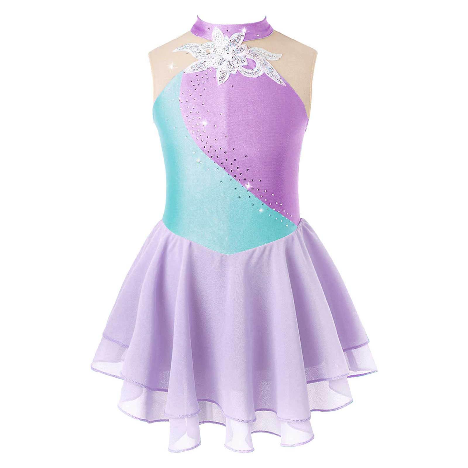 Sywiyi Kinderen Meisjes Kunstschaatsen Jurk Strass Mesh Splice Mouwloos Ballet Dans Jurk Gymnastiek Turnpakje Prestaties Kostuums 11-12 Years