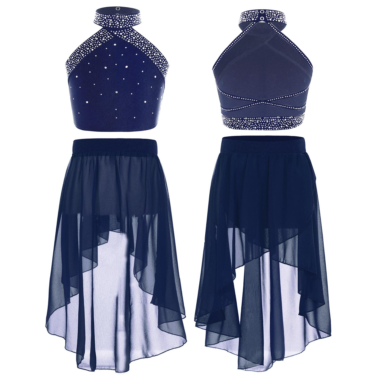 Yunduantong-electronic Meisjes Dans Training Outfit Gymnastiek Ballerina Lyrical Dancing Studio Oefenkostuum Lange Balletrok Ballet Danskleding 2 stuks 13-14 Years marineblauwe kleur