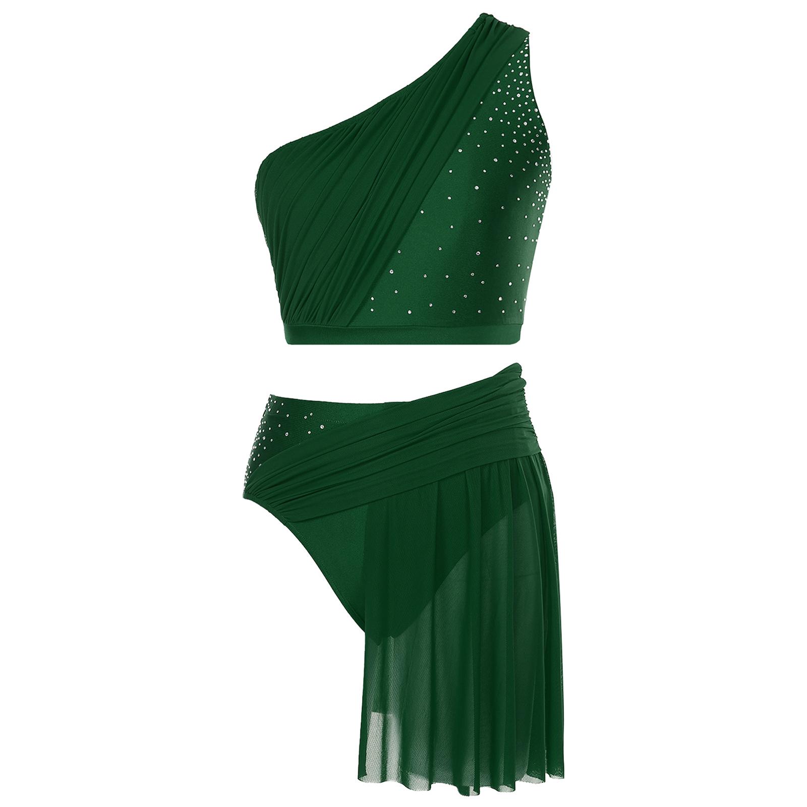 Sxiwei Vrouwen Lyrical Dance Kostuum Een Schouder Crop Top met Mesh Rok Slip Tweedelige Moderne Hedendaagse Outfit M