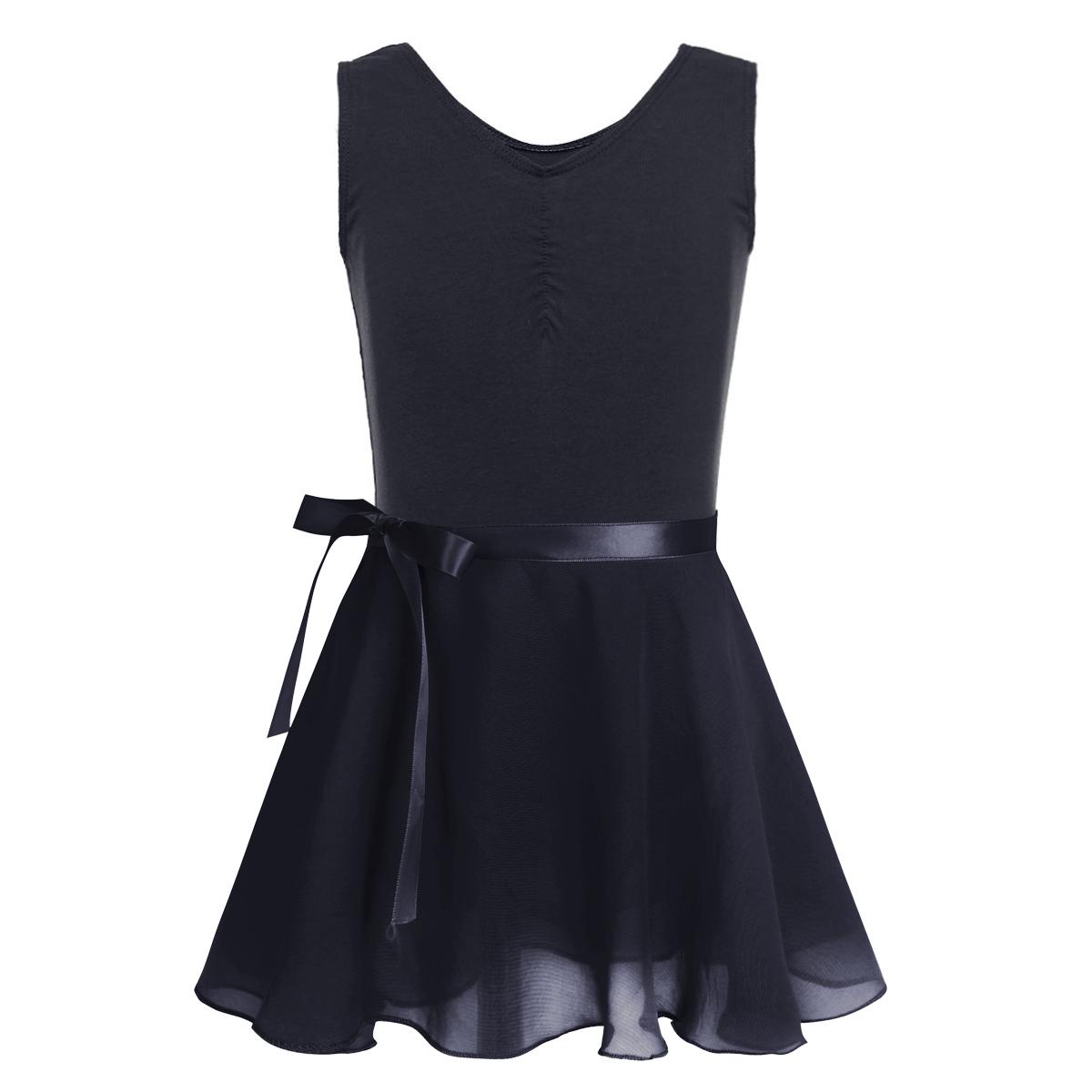 Sxiwei Katoenen mouwloze balletdansgymnastiekpakje voor meisjes met chiffon gebonden rokoutfitset 8-10 Years zwart