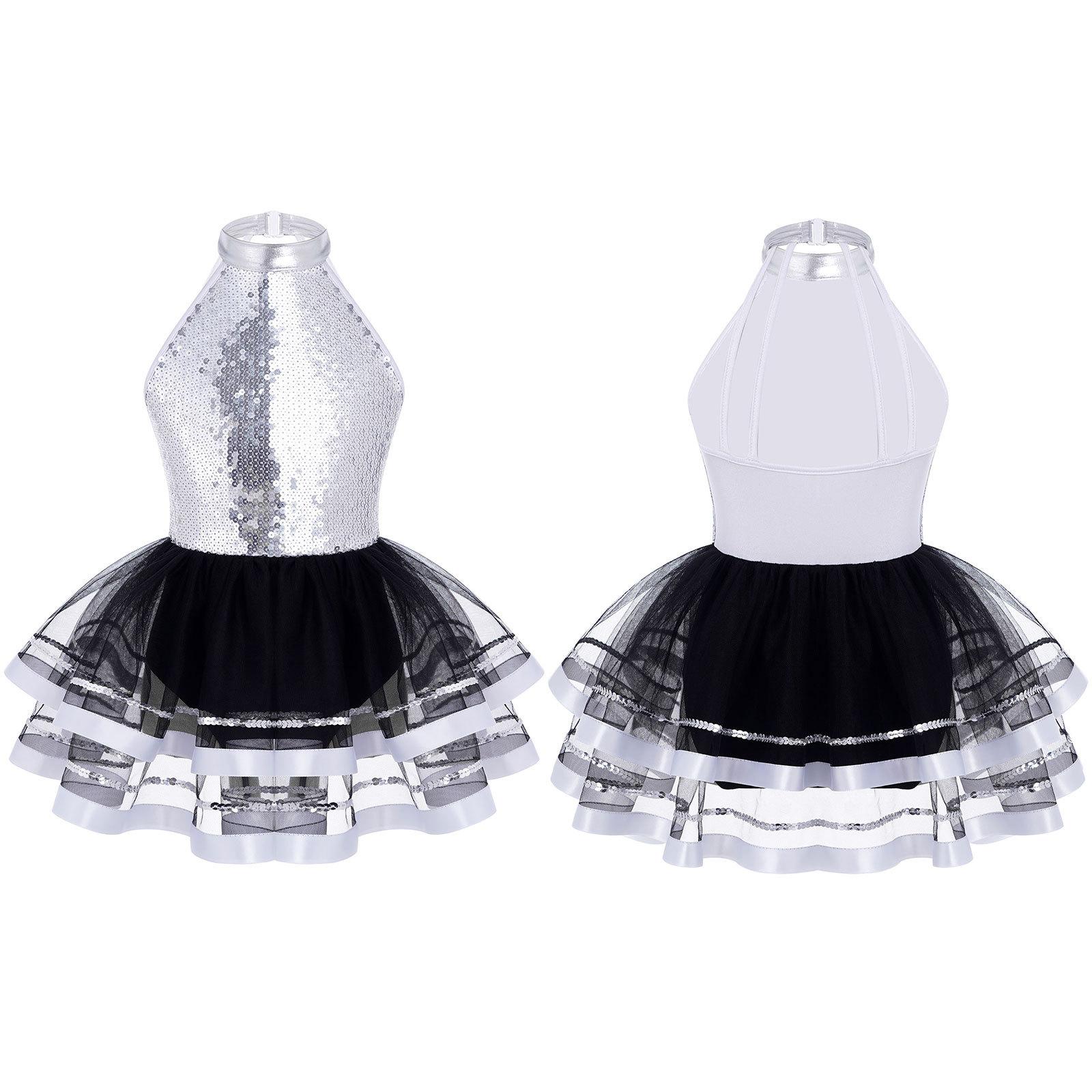 ZDHoor Kinderen Meisjes Pailletten Halter Ballet Dans Tutu Jurk Gymnastiek Moderne Latin Jazz Dansen Kostuum 3-4 Years zilver