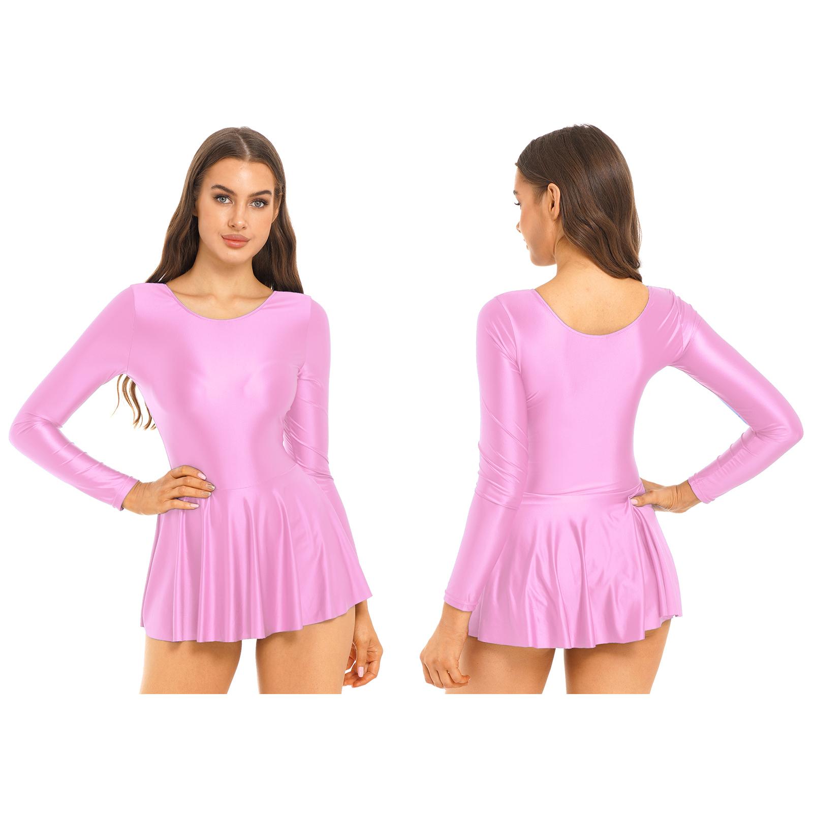 ZDHoor Dames gymnastiek bodysuit met lange mouwen jurk ballet workout maillots rok romper M roze