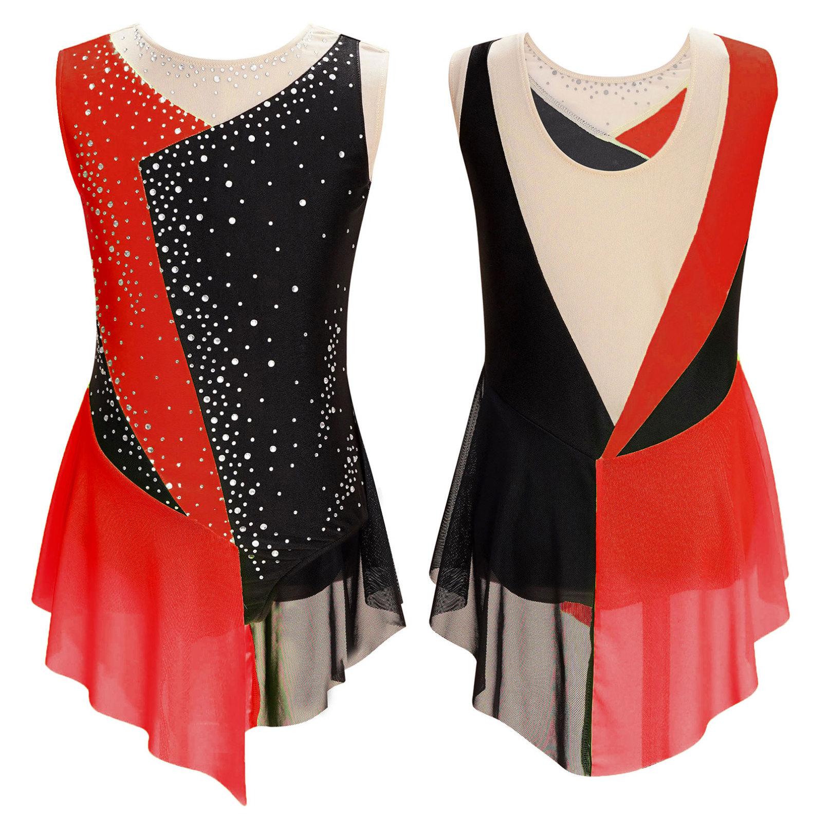 HULIJA Kinderen meisjes sprankelend strass turnpakje pure mesh patchwork mouwloze dansgymnastiek kunstschaatsjurk 11-12 Years rood