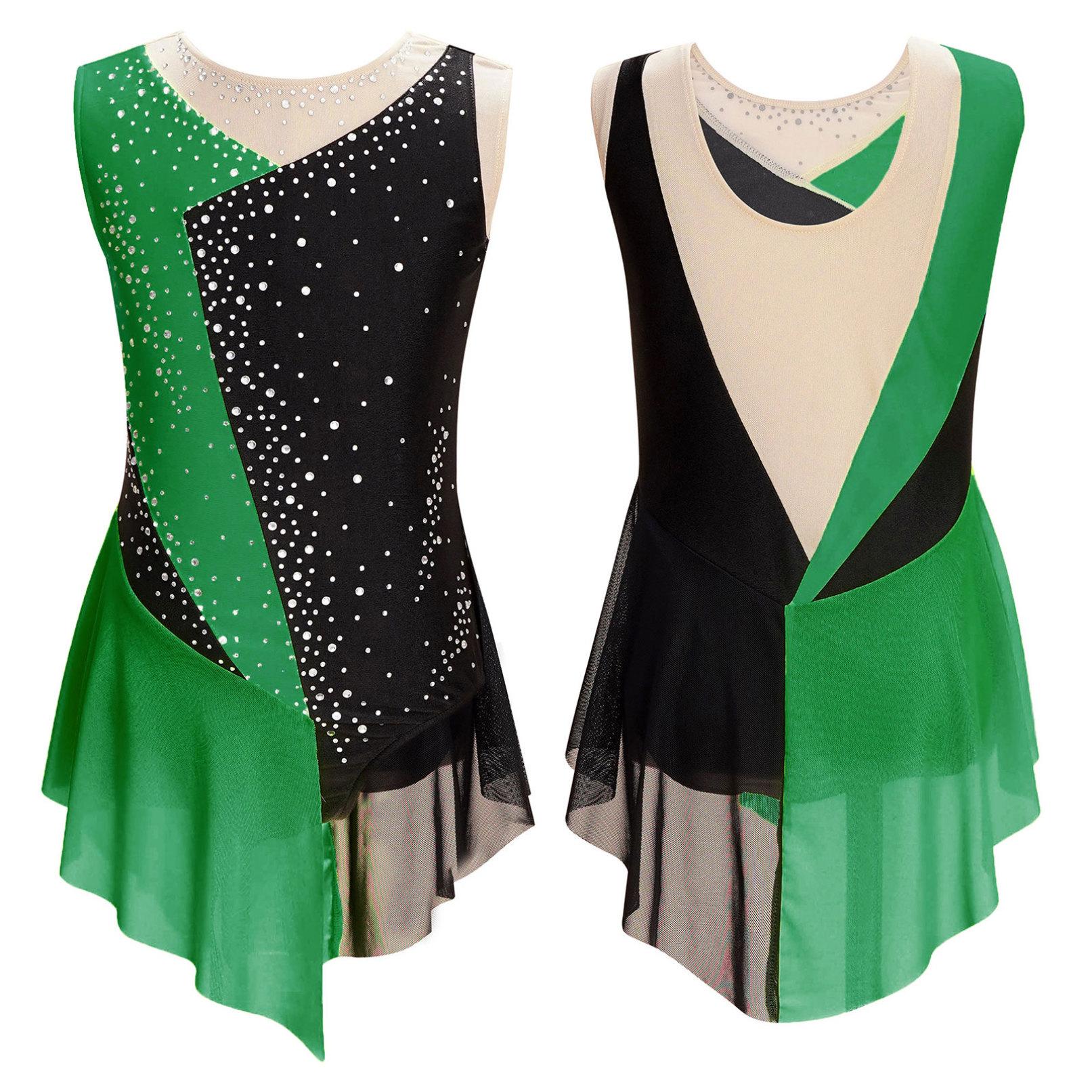 HULIJA Kinderen meisjes sprankelend strass turnpakje pure mesh patchwork mouwloze dansgymnastiek kunstschaatsjurk 5-6 Years groen