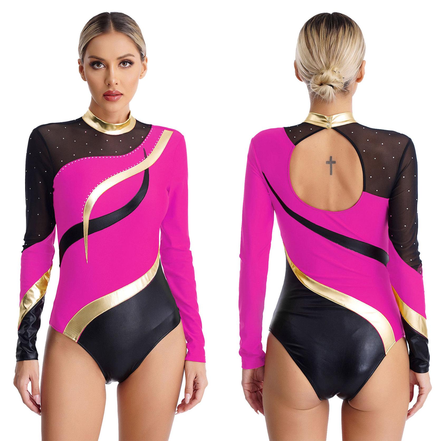 YDT-adult Lange Mouw Bodysuit Gymnastiek Kunstrijden Prestatie Kostuum Atletische Unitard Actieve Kleding Ballet Kunstrijden Dans Kostuum L warm roze kleur