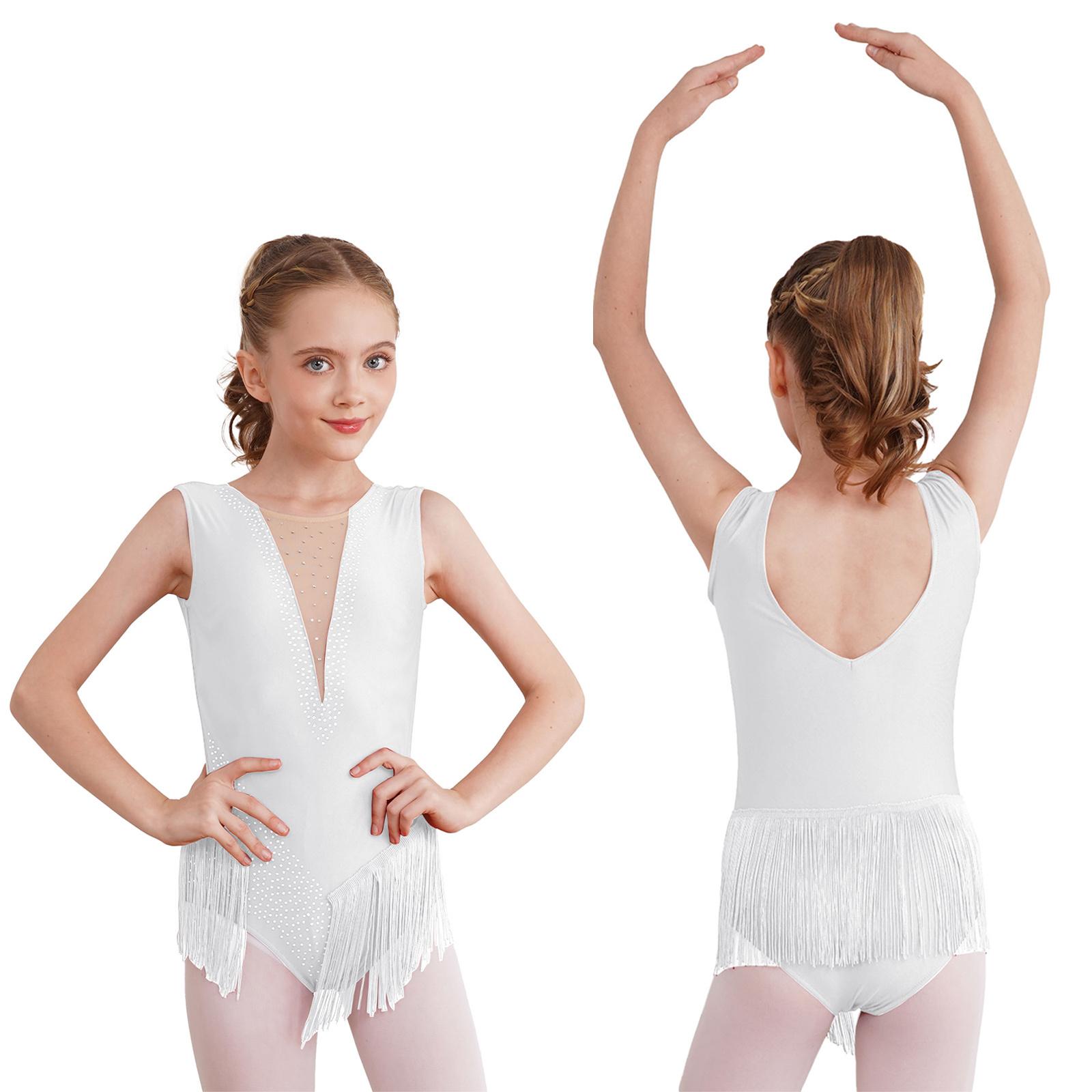 Inhzoy Kinderen meisjes ballet dans turnpakje kunstschaatsen gymnastiek prestatie kostuum glanzende strass kwastje bodysuit 5-6 Years wit