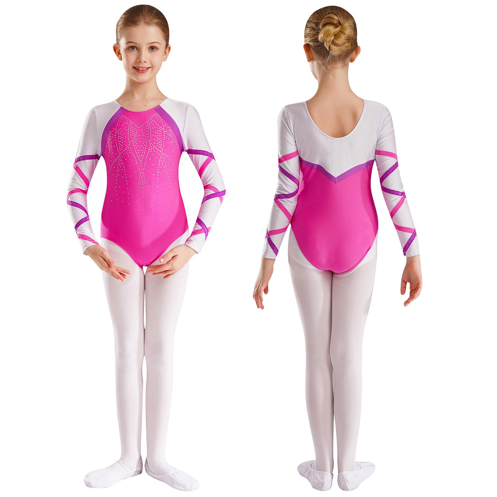 Yunduantong-electronic Meisjes Ballet Gymnastiek Acrobatiek Leotard Kunstschaatsen Dans Unitard Glanzende Pailletten Strass Ronde Hals Lange Mouw Bodysuit 5-6 Years warm roze kleur