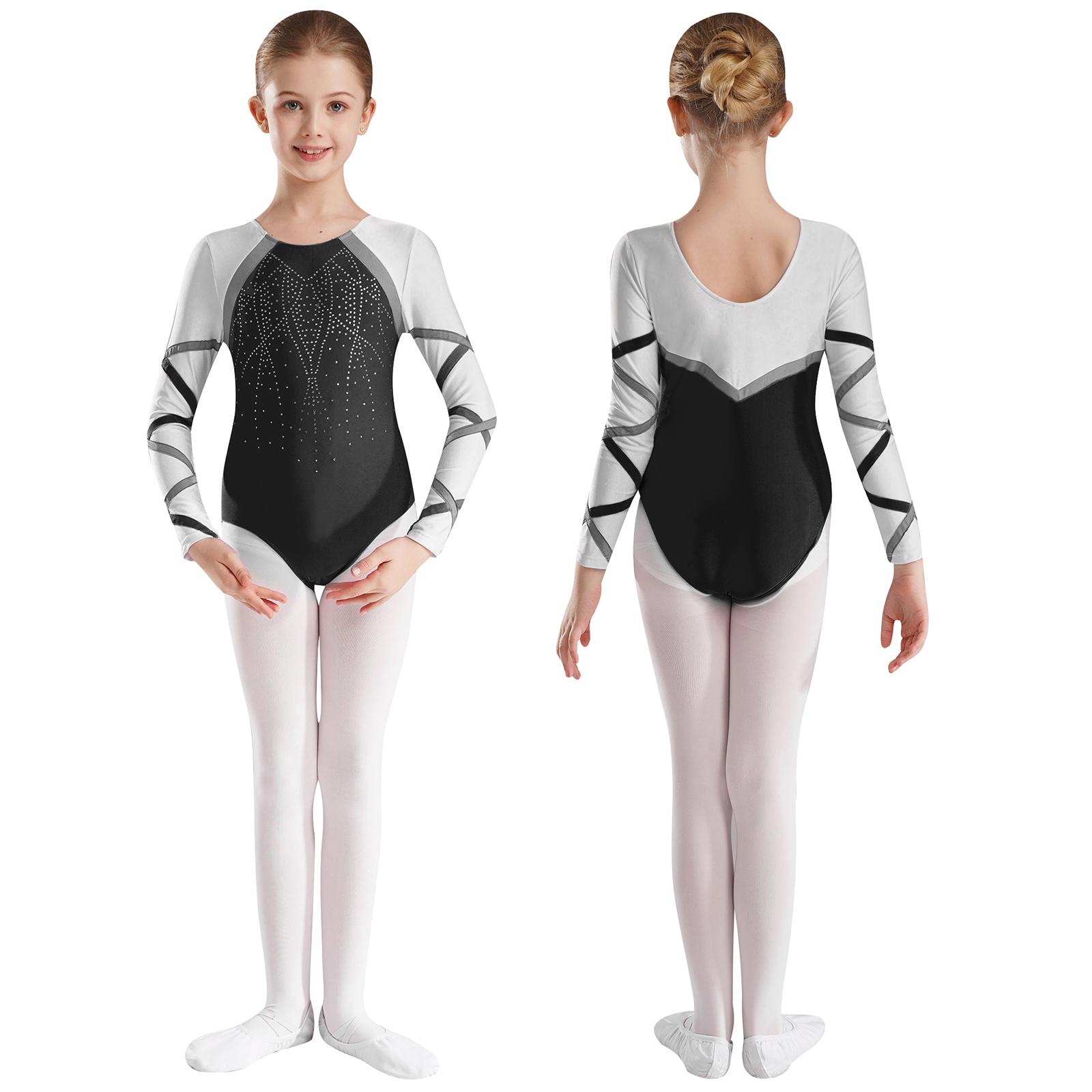 Yunduantong-electronic Meisjes Ballet Gymnastiek Acrobatiek Leotard Kunstschaatsen Dans Unitard Glanzende Pailletten Strass Ronde Hals Lange Mouw Bodysuit 5-6 Years zwart