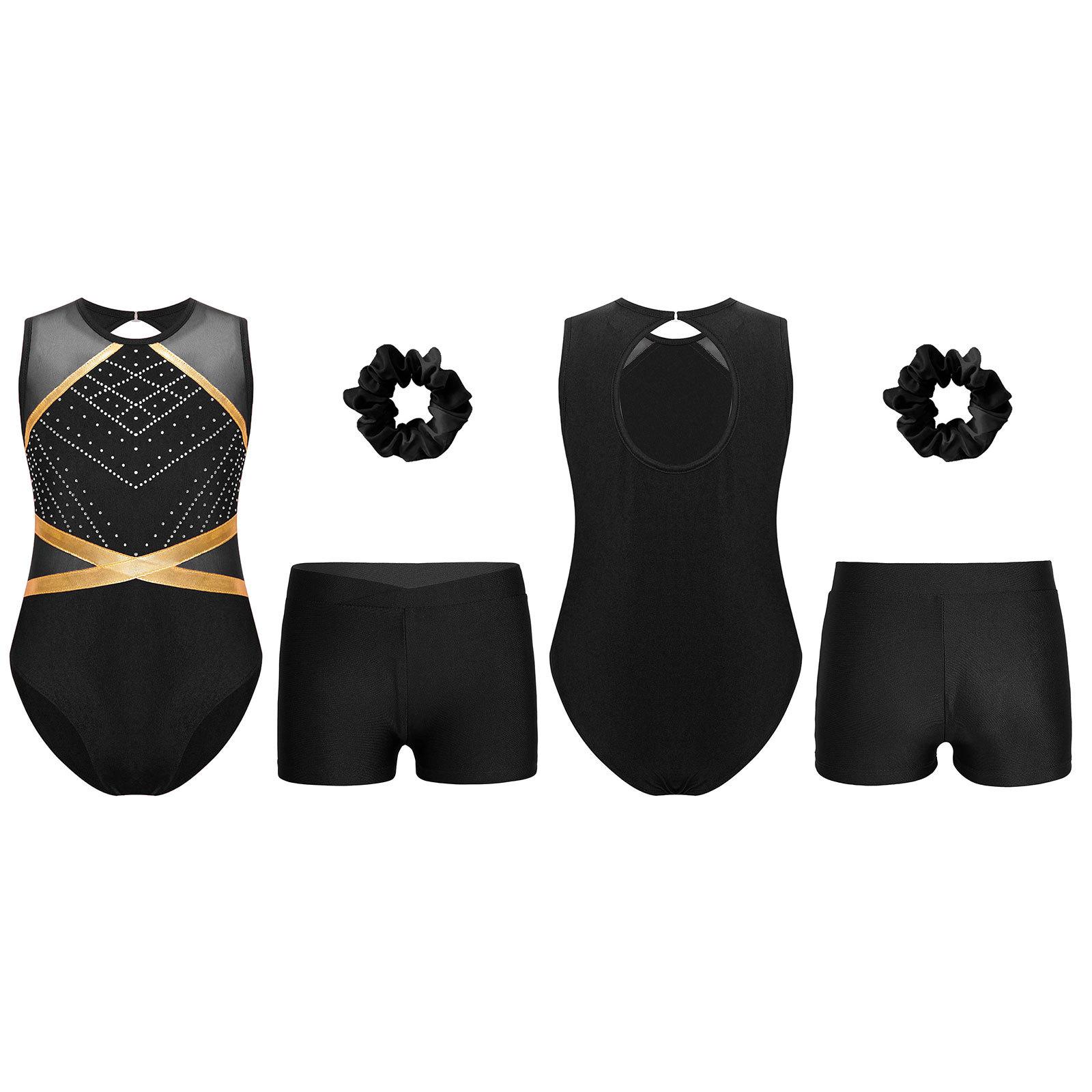 YOOJIA Kinderen Meisjes Gymnastiek Outfit Sleutelgat Rug Patchwork Mouwloos Glinsterende Strass Leotard met V-voorkant Tailleband Shorts Haarelastiek Hoofddeksel 9-10 Years zwart