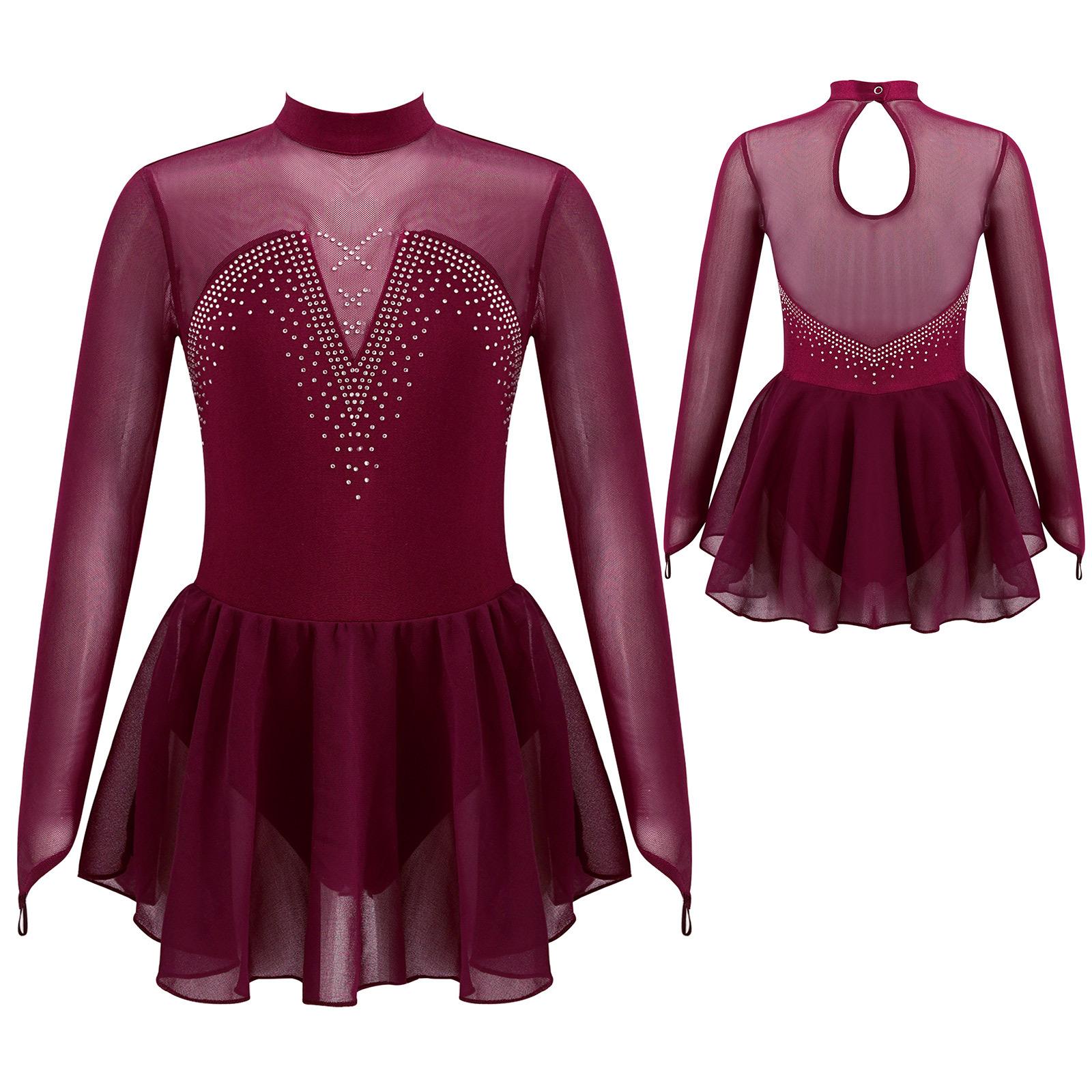 ZDHoor Kunstschaatsjurk Mesh Splice Style Jurk met lange mouwen Kinderen Meisjes Gymnastiek Danstraining 13-14 Years bordeaux