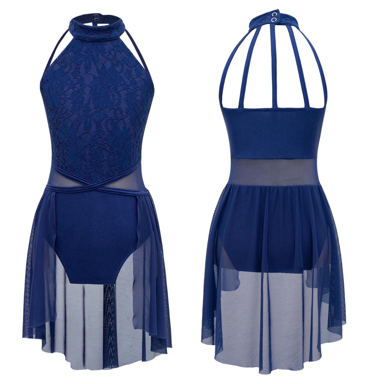 Inhzoy Kinderen meisjes lyrische ballet dansjurk mouwloze kanten bloemen turnpakje jurk hedendaagse moderne danskostuum 11-12 Years marineblauwe kleur