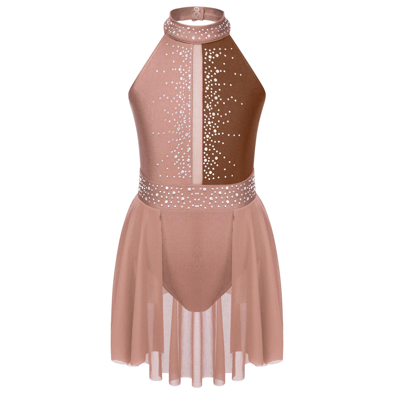 HULIJA Kids Meisjes Ballet Turnpakje Tutu Dans Jurk Mouwloze Strass Lyrische Dans Jurk Ballerina Gymnastiek Turnpakje Toneelkostuum 11-12 Years koffie