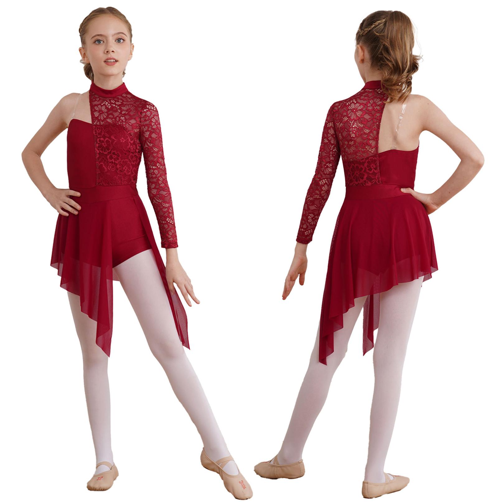 WinYing Kinderen meisjes lyrische dansjurk enkele lange mouw asymmetrische zoom jurk gymnastiek maillots 7-8 Years bordeaux