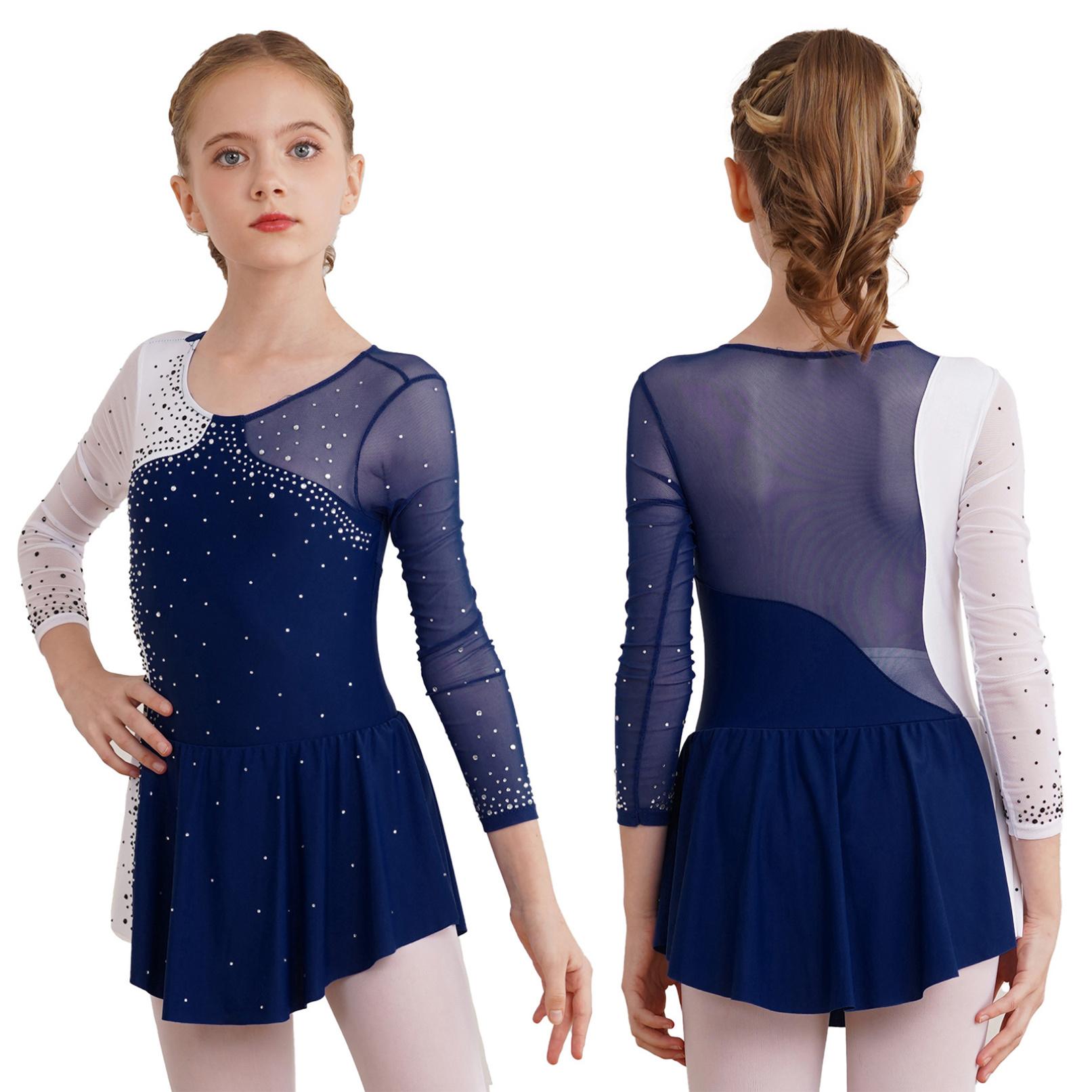 Tiaobug Stijlvolle balletdansjurk voor meisjes, ronde hals, glanzende strass versierde gymnastiekpakjes, feestkleding 9-10 Years marineblauwe kleur