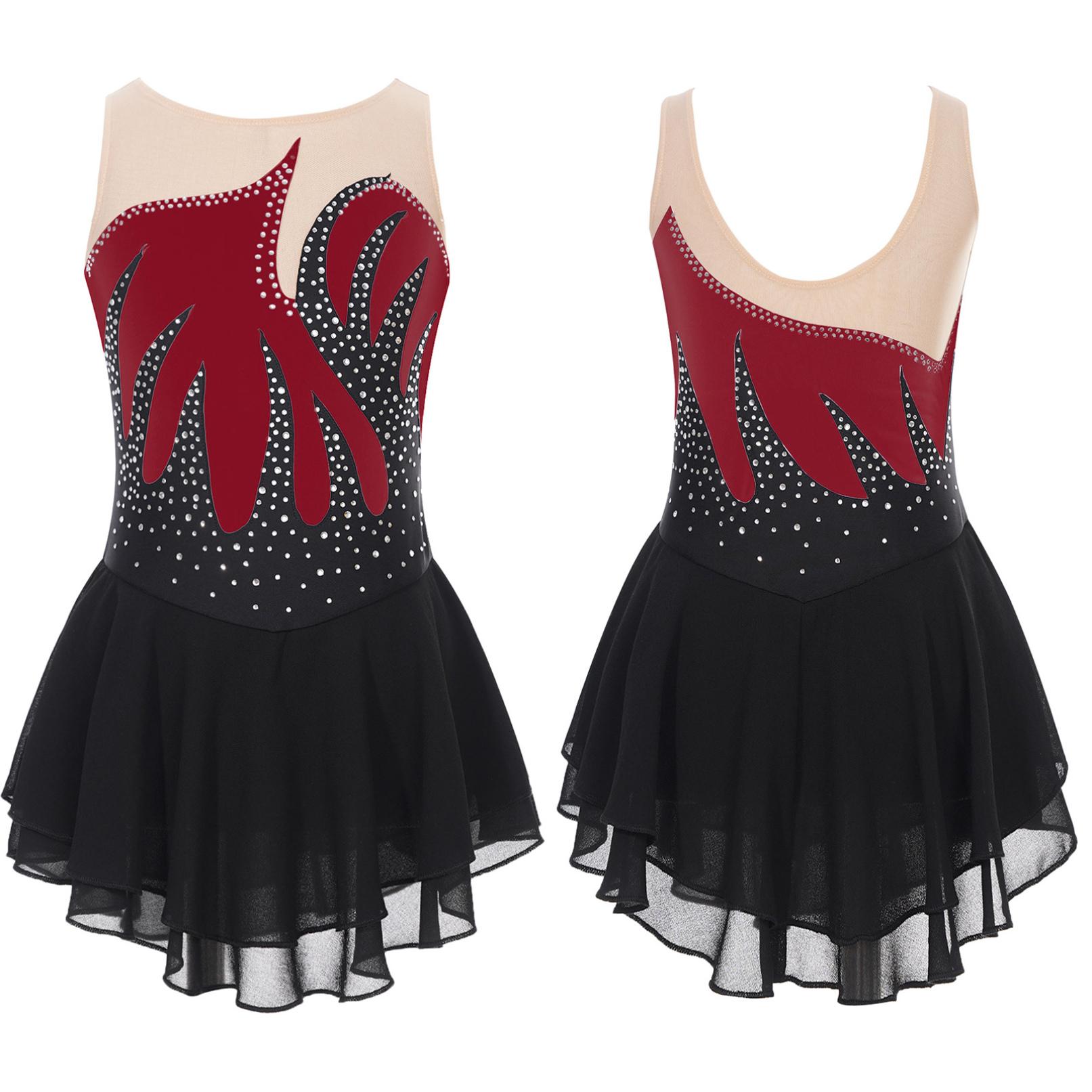 Tiaobug Kinderen meisjes kunstschaatsen kostuum ballet dans tutu mouwloos glanzend strass ritmische gymnastiek prestaties turnpakje jurk 15-16 Years bordeaux