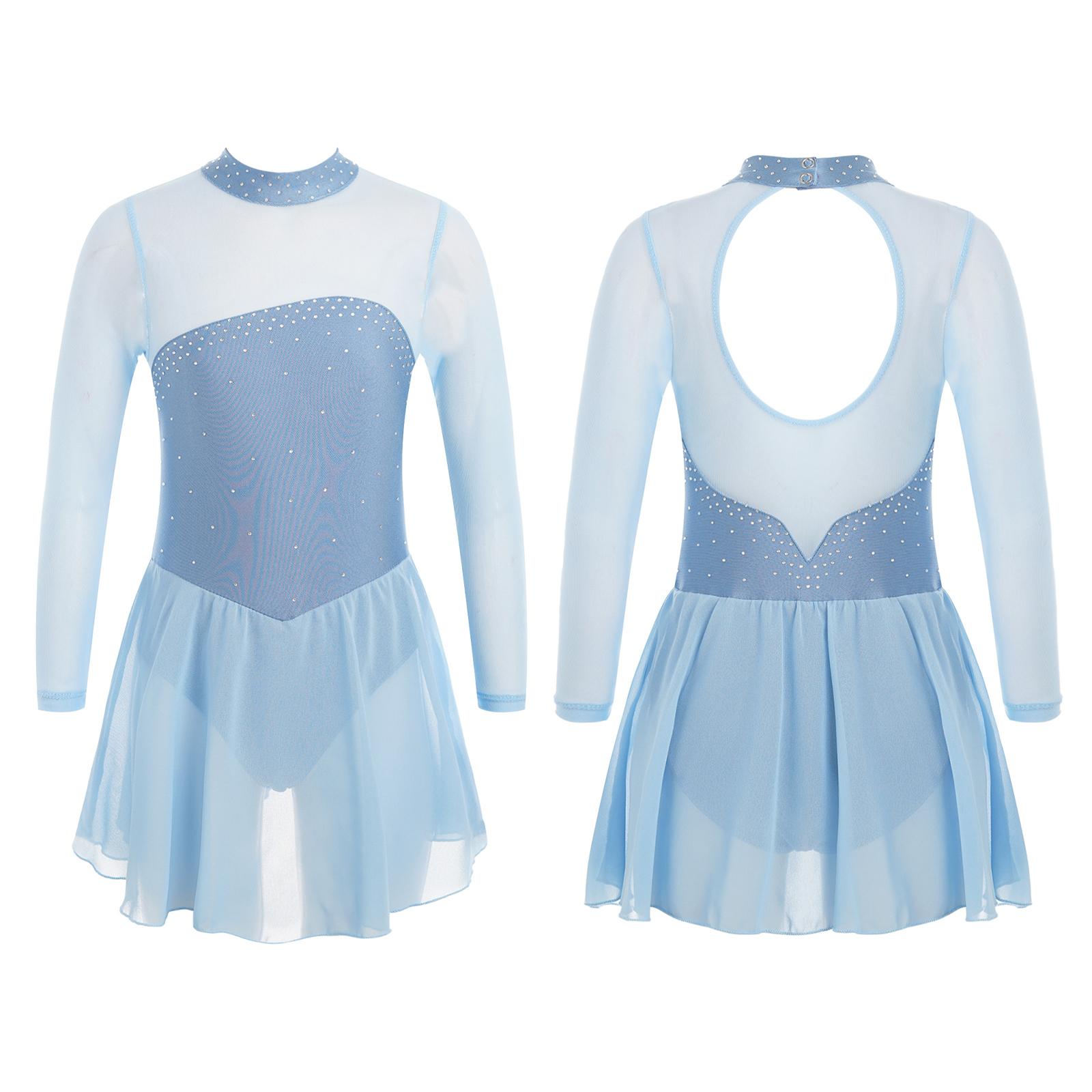 Sxiwei Kinderen Meisjes Glanzende Steentjes Sheer Mesh Lange Mouwen Keyhole Terug Opening Figuur Schaatsen Ballet Dans Turnpakje Jurk 11-12 Years hemelsblauwe kleur