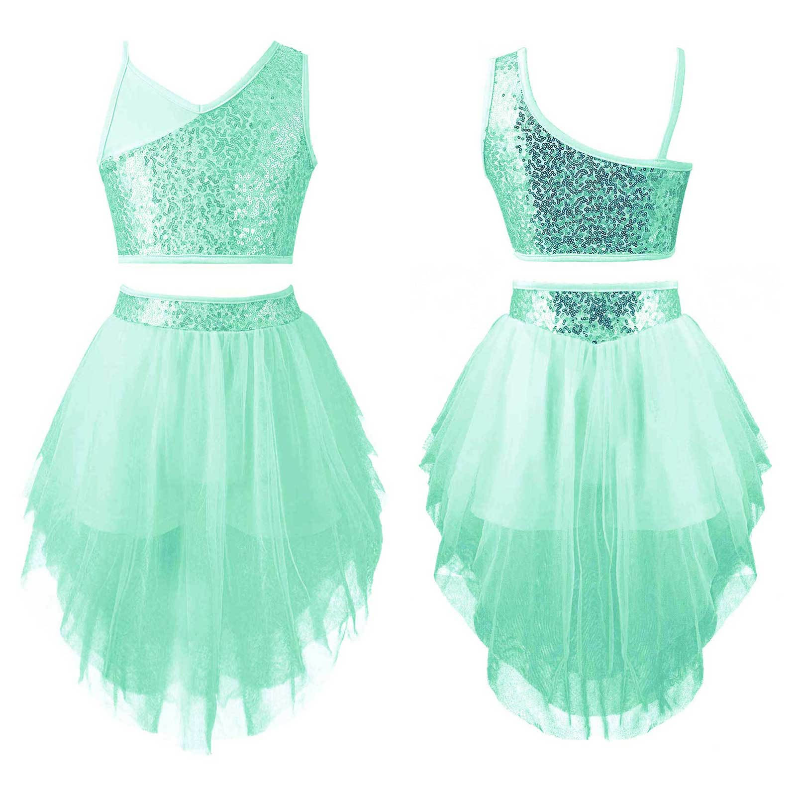 RUNQHUI Meisjes 2 stuks dansoutfits mouwloze spaghettibandjes pailletten crop top met tutu rok ballet danskleding 9-10 Years
